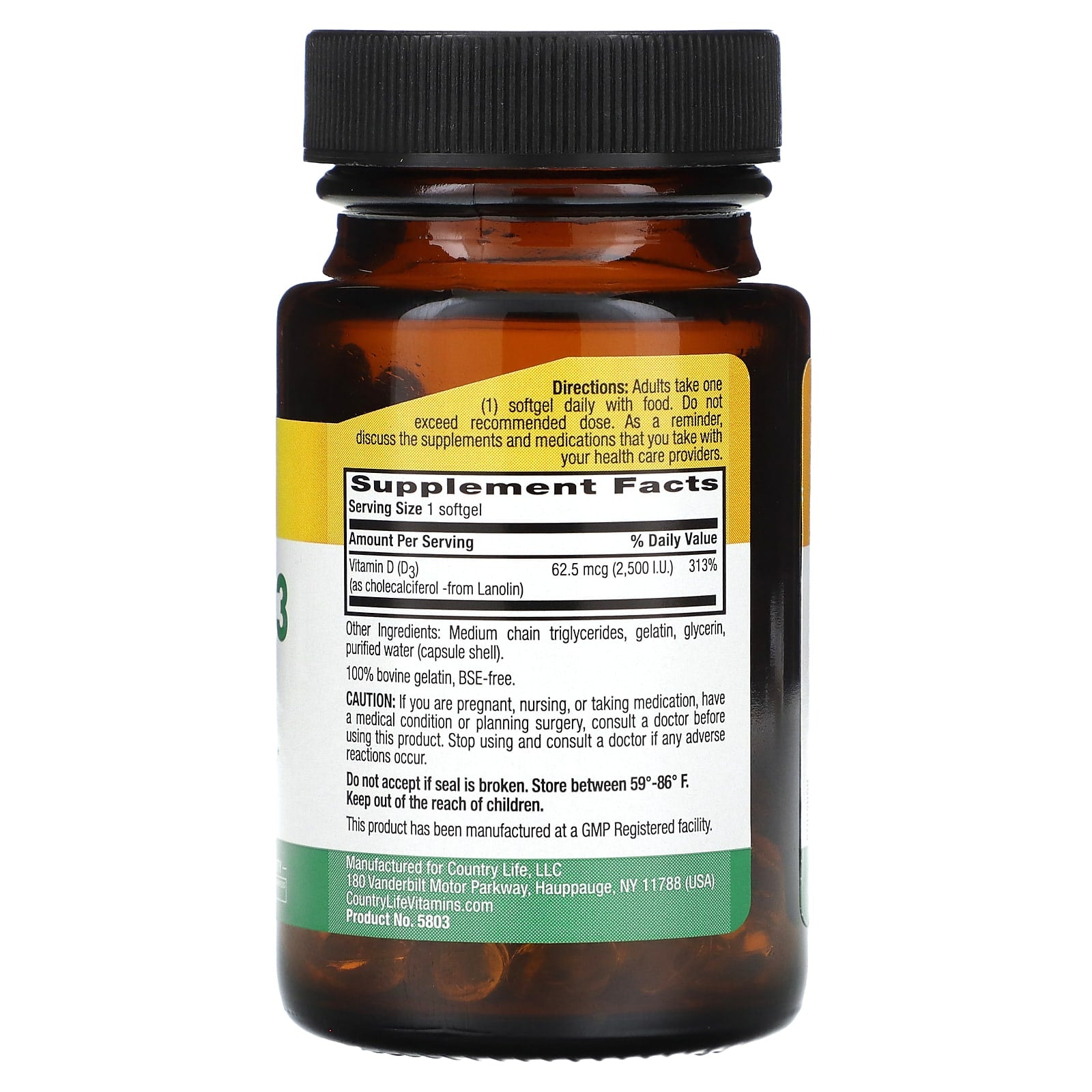 Country Life, Vitamin D3, 62.5 mcg (2,500 IU), 60 Softgels UPC 015794058038 | Hilife Vitamins