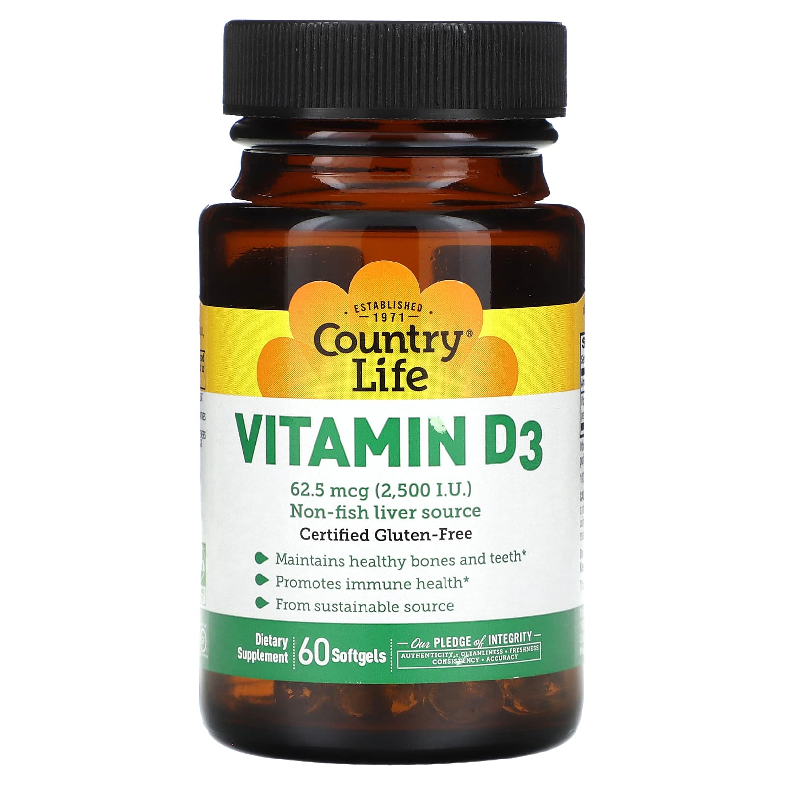 Country Life, Vitamin D3, 62.5 mcg (2,500 IU), 60 Softgels UPC 015794058038 | Hilife Vitamins
