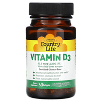 Country Life, Vitamin D3, 62.5 mcg (2,500 IU), 60 Softgels UPC 015794058038 | Hilife Vitamins