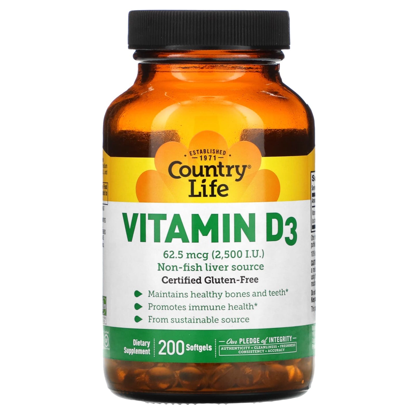 Country Life, Vitamin D3, 62.5 mcg, (2,500 I.U.), 200 Softgels UPC 015794058052 | Hilife Vitamins