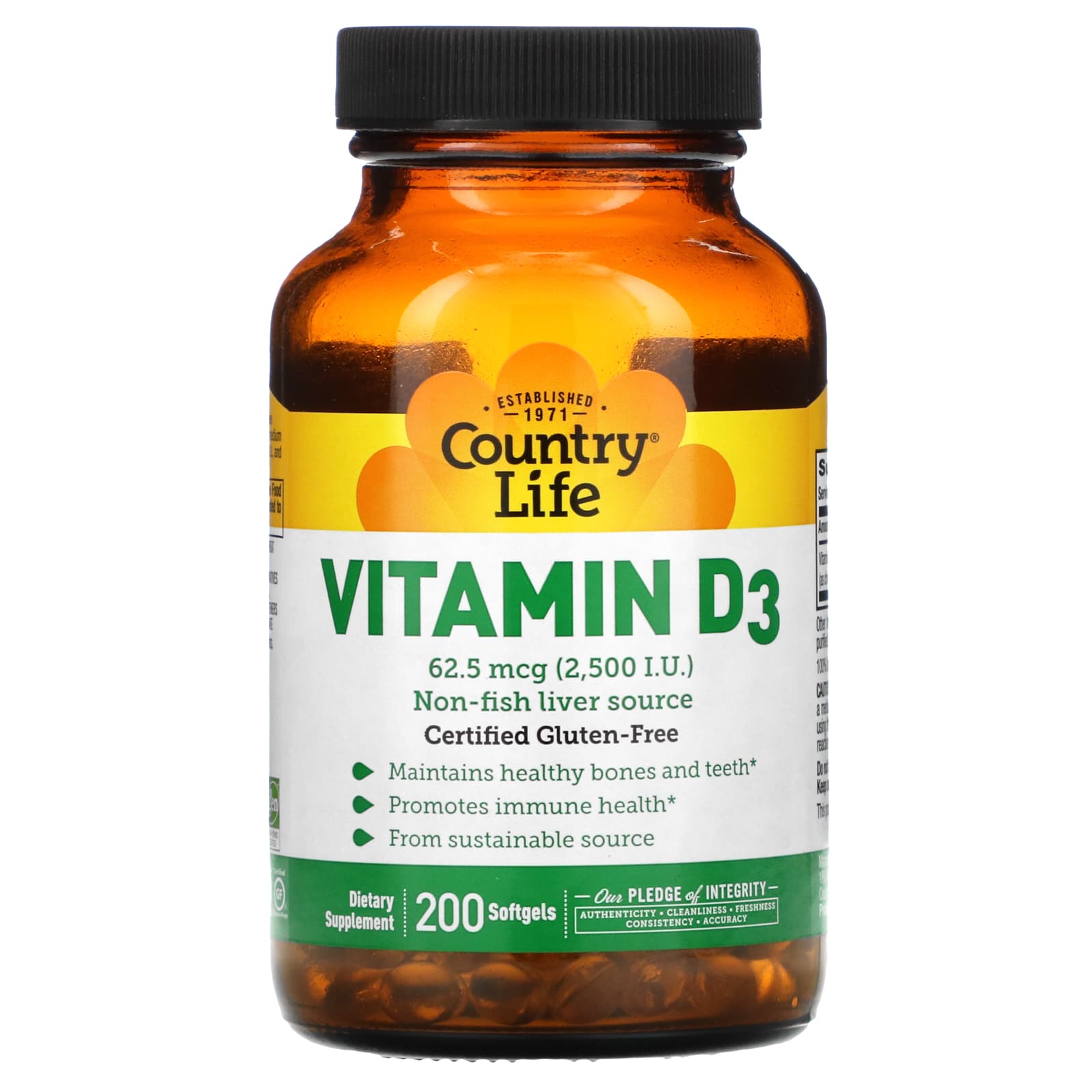 Country Life, Vitamin D3, 62.5 mcg, (2,500 I.U.), 200 Softgels UPC 015794058052 | Hilife Vitamins