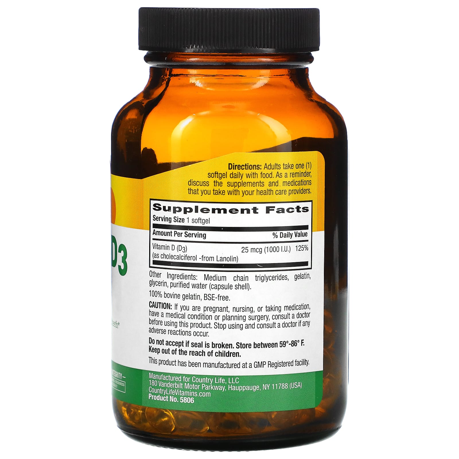 Country Life, Vitamin D3, 25 mcg, (1,000 I.U.), 200 Softgels UPC 015794058069 | Hilife Vitamins