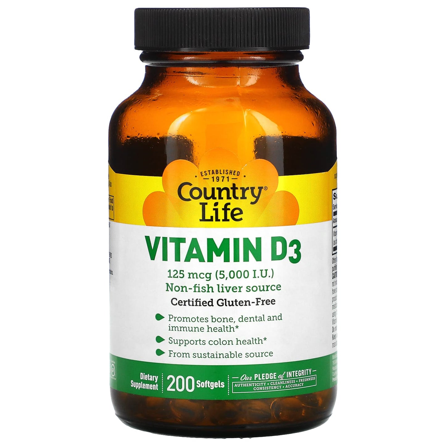 Country Life, Vitamin D3, 125 mcg, (5,000 I.U.), 200 Softgels - 015794058083 | Hilife Vitamins