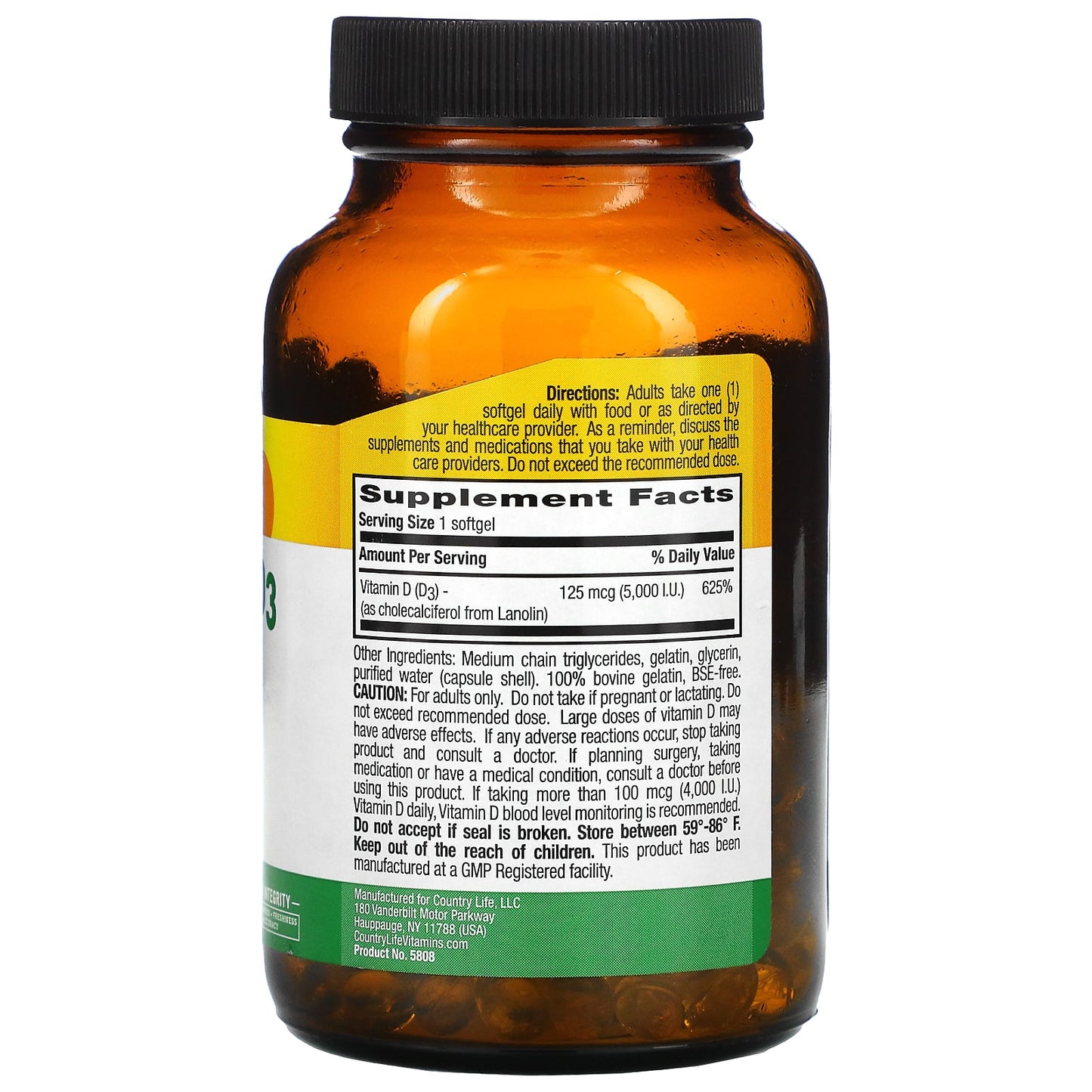 Country Life, Vitamin D3, 125 mcg, (5,000 I.U.), 200 Softgels UPC 015794058083 | Hilife Vitamins