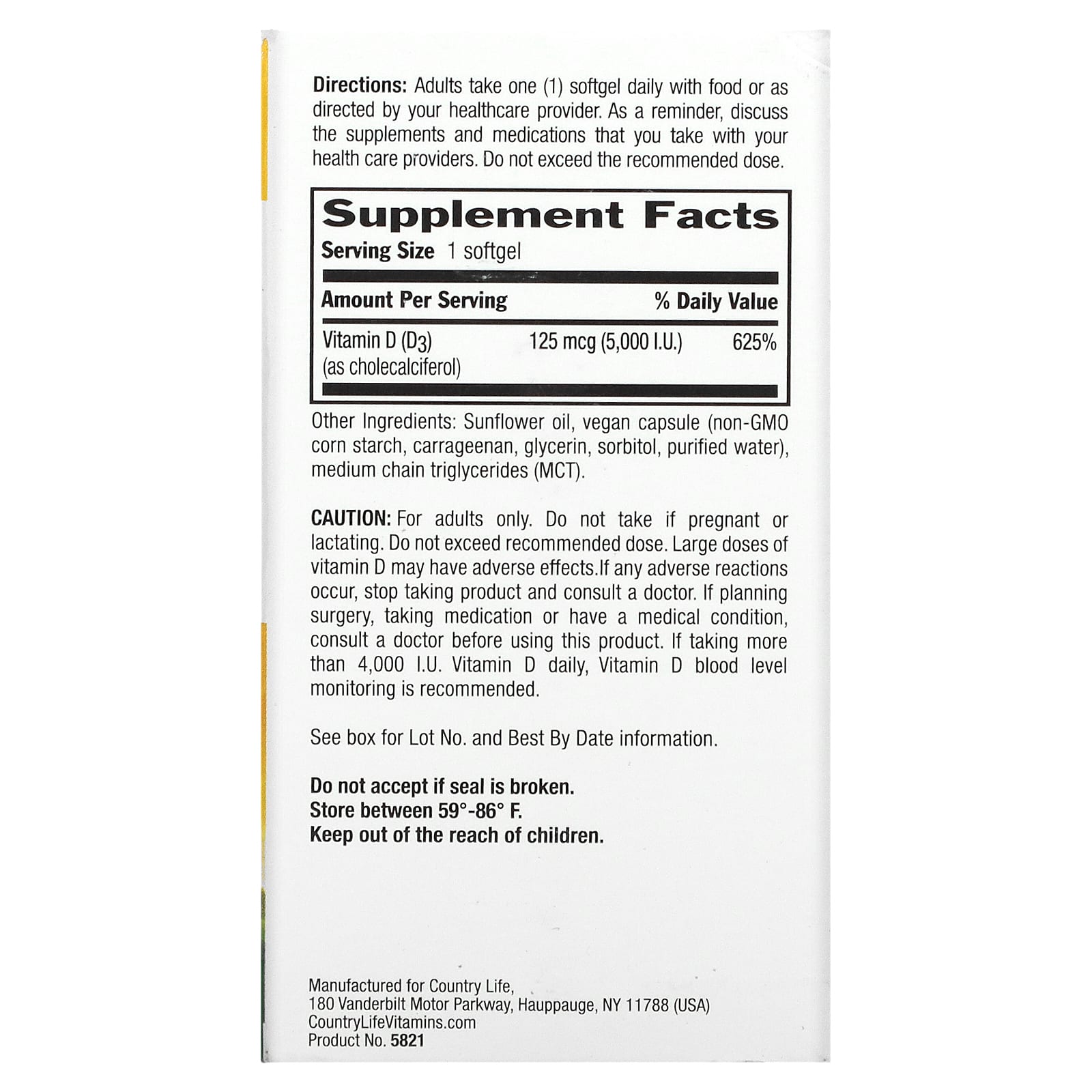 Country Life, D3 Vegan 5000 Iu, 60 Vegan Softgels UPC 015794058212 | Hilife Vitamins