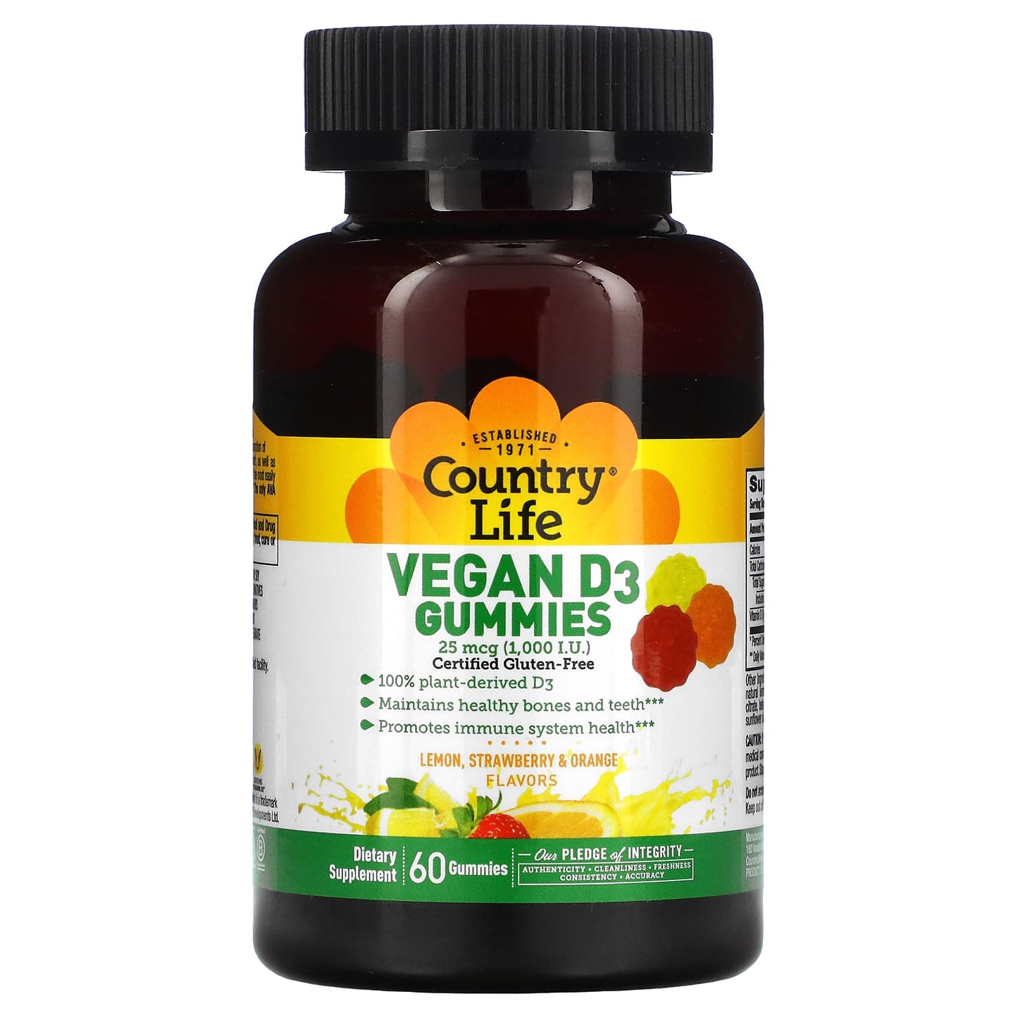 Country Life, Vegan D3 Gummies, Lemon, Strawberry & Orange, 25 mcg (1,000 IU), 60 Gummies UPC 015794058229 | Hilife Vitamins