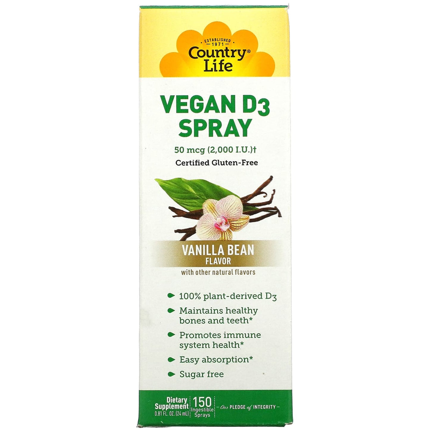 Country Life, D3 Vegan 2000 IU VANILLA BEAN, .81 Spray UPC 015794058281 | Hilife Vitamins