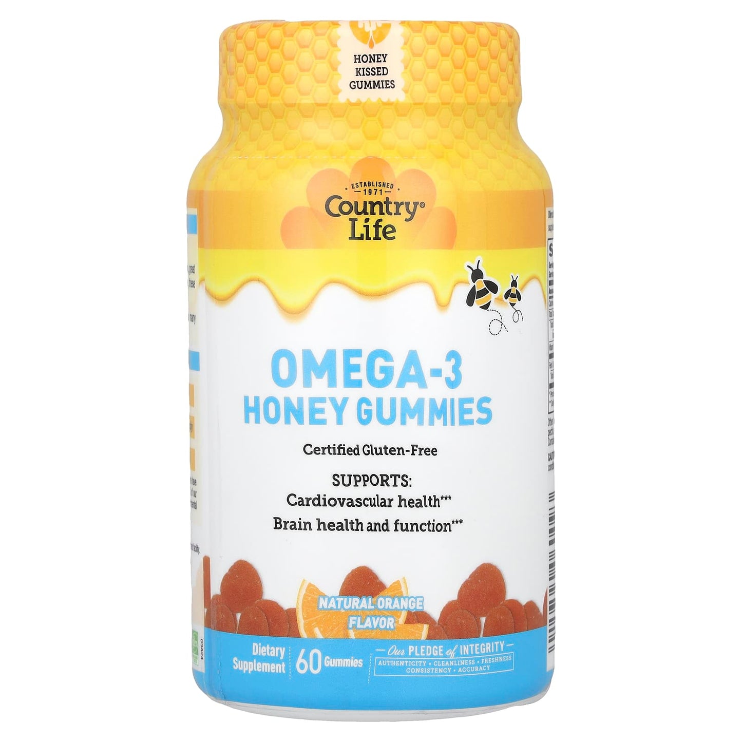 Country Life, Omega-3 Honey Gummies, Natural Orange Flavor, 60 Gummies UPC 015794060093 | Hilife Vitamins