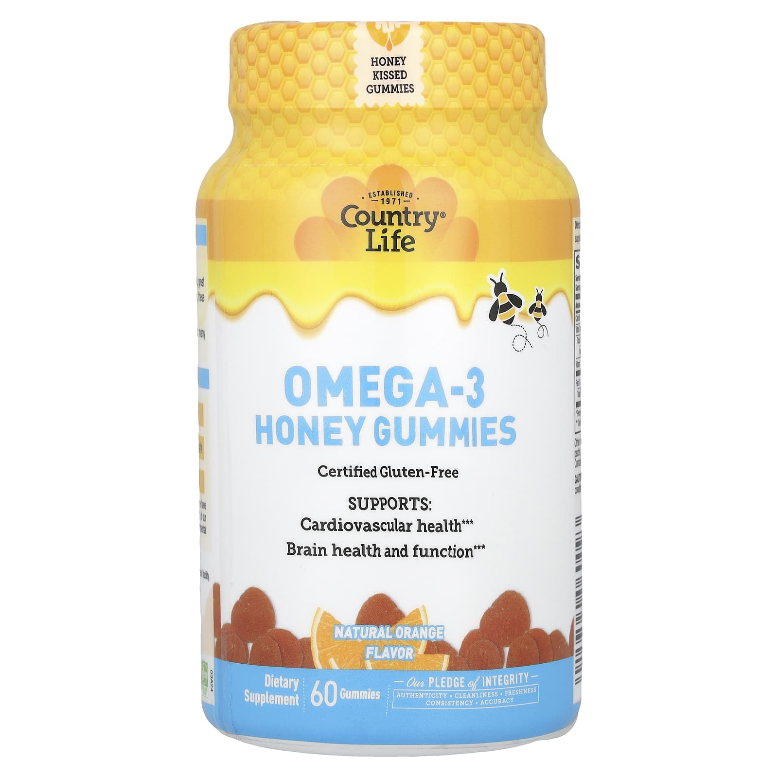 Country Life, Omega-3 Honey Gummies, Natural Orange Flavor, 60 Gummies UPC 015794060093 | Hilife Vitamins