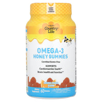 Country Life, Omega-3 Honey Gummies, Natural Orange Flavor, 60 Gummies UPC 015794060093 | Hilife Vitamins