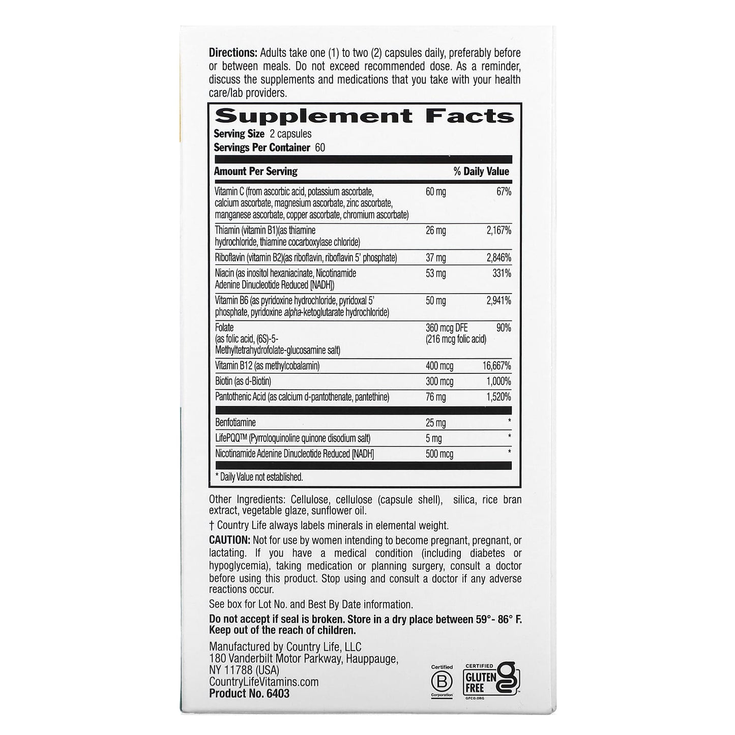 Country Life, Coenzyme B Complex Advanced, 120 Vegan Capsules UPC 015794064039 | Hilife Vitamins