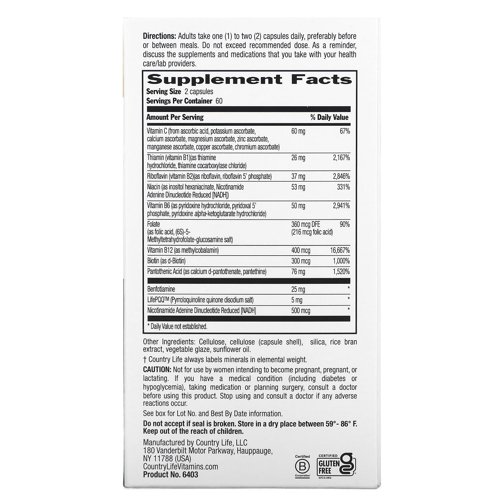 Country Life, Coenzyme B Complex Advanced, 120 Vegan Capsules UPC 015794064039 | Hilife Vitamins