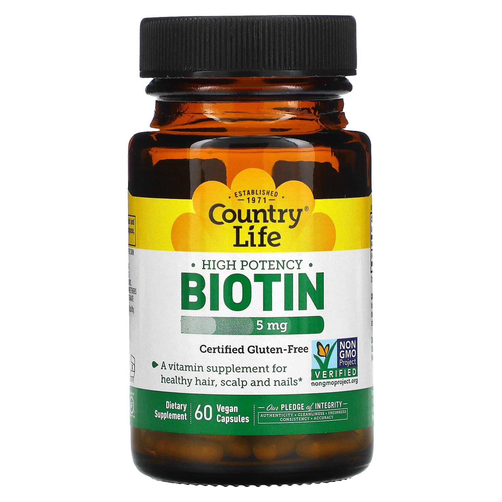 Country Life, High Potency Biotin, 5 mg, 60 Vegan Capsules UPC 015794065050 | Hilife Vitamins