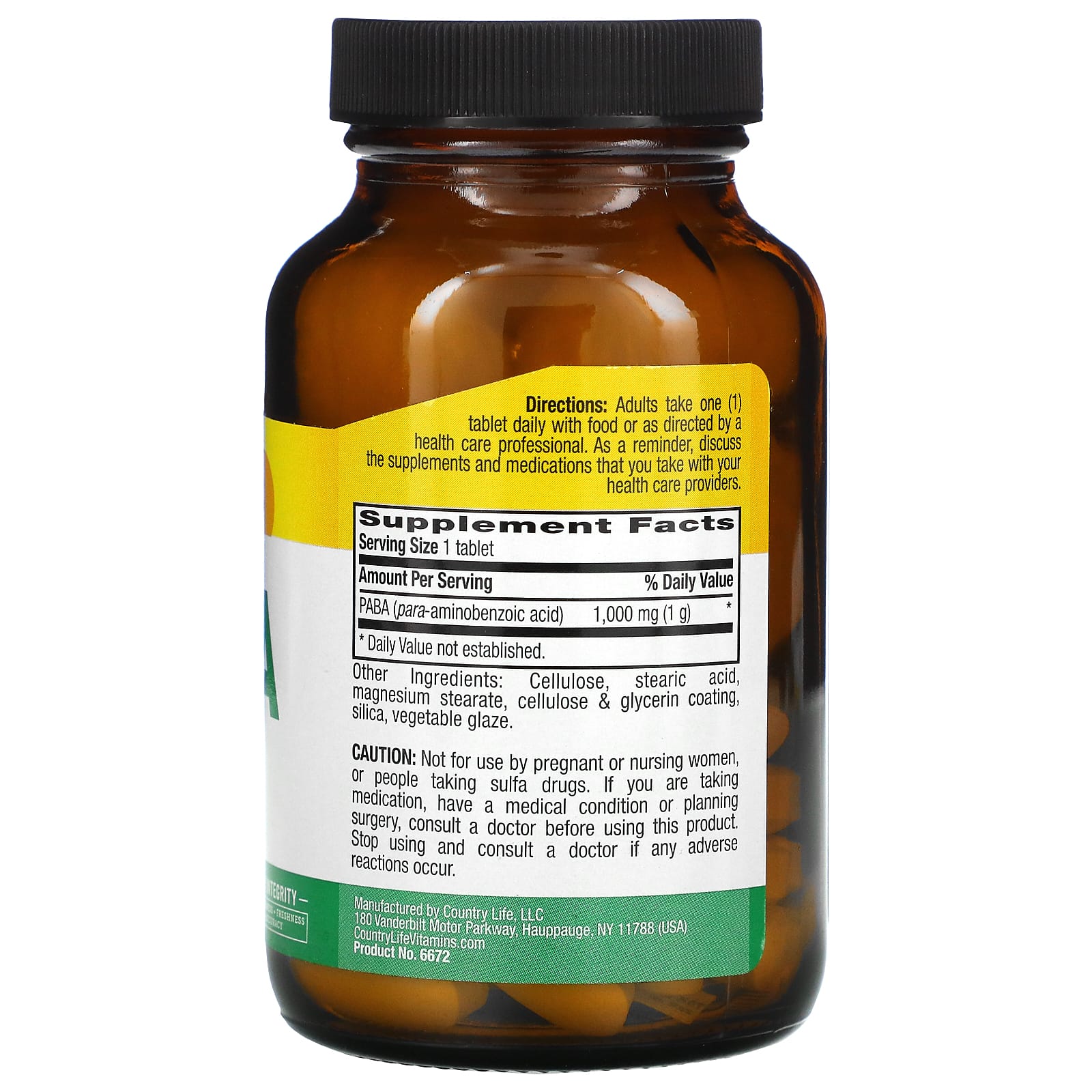 Country Life, Paba, 1,000 Mg, 60 Tablets UPC 015794066729 | Hilife Vitamins