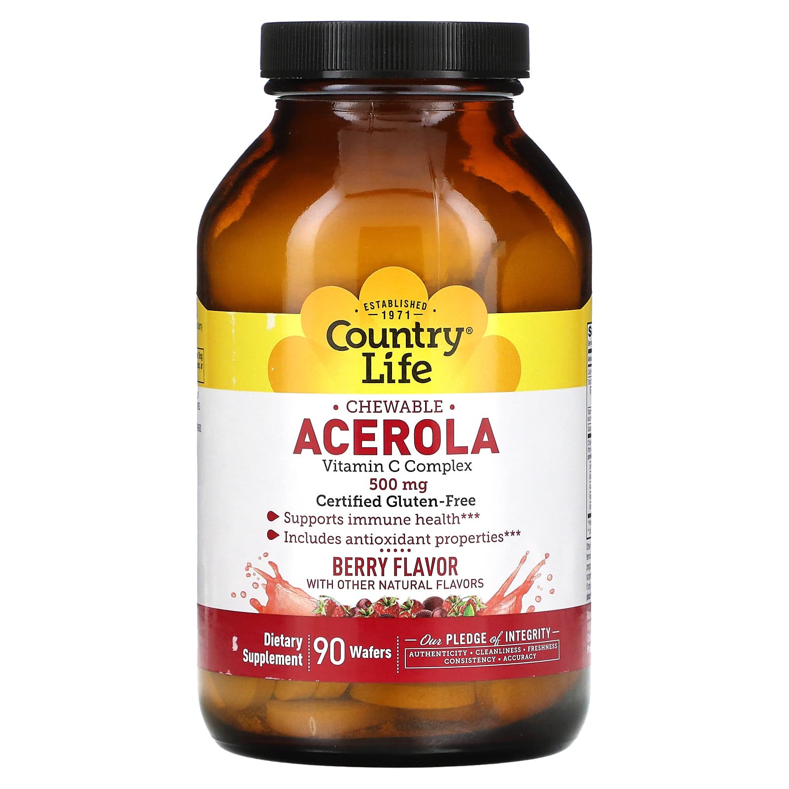Country Life, Acerola, Chewable, Vitamin C Complex, 500 mg, Berry Flavor, 90 wafers UPC 015794072102 | Hilife Vitamins