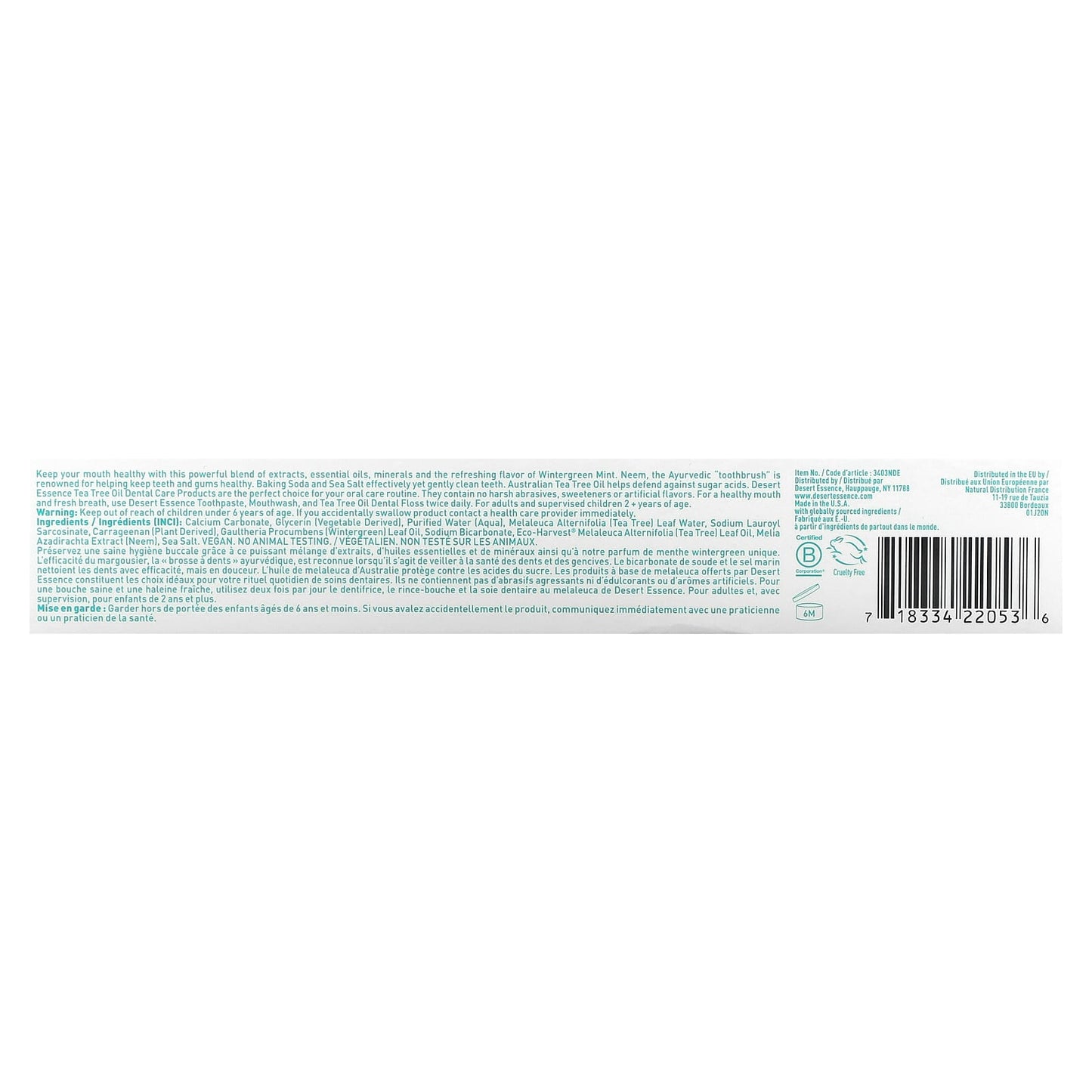 Desert Essence, Toothpaste Tea Tree Neem-Wintergreen, 7 Oz UPC 718334220536 | Hilife Vitamins