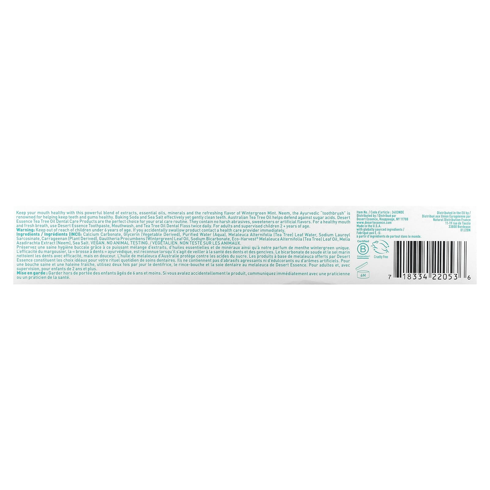 Desert Essence, Toothpaste Tea Tree Neem-Wintergreen, 7 Oz UPC 718334220536 | Hilife Vitamins