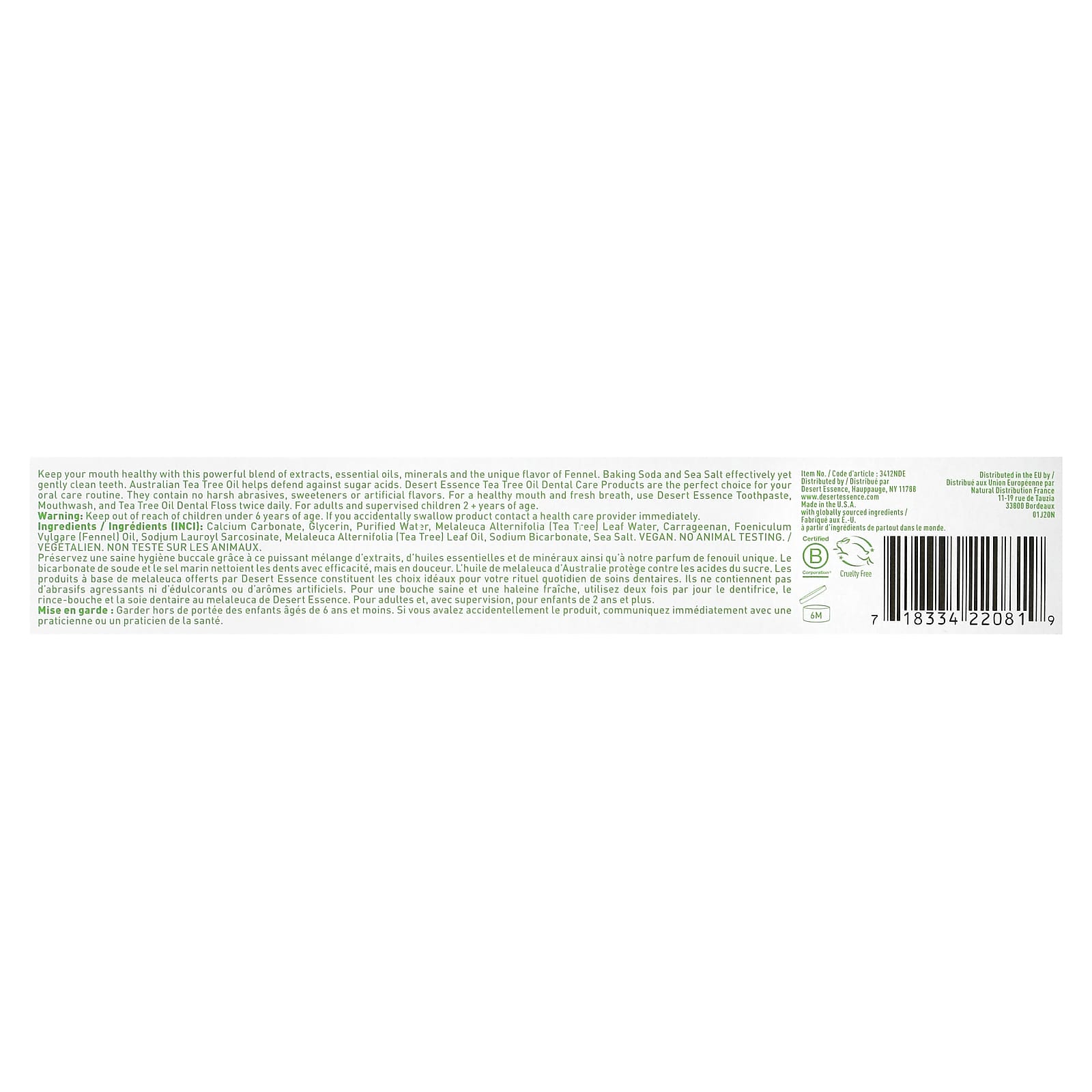 Desert Essence, Toothpaste Tea Tree Fennel-Propolis, 7 Oz UPC 718334220819 | Hilife Vitamins