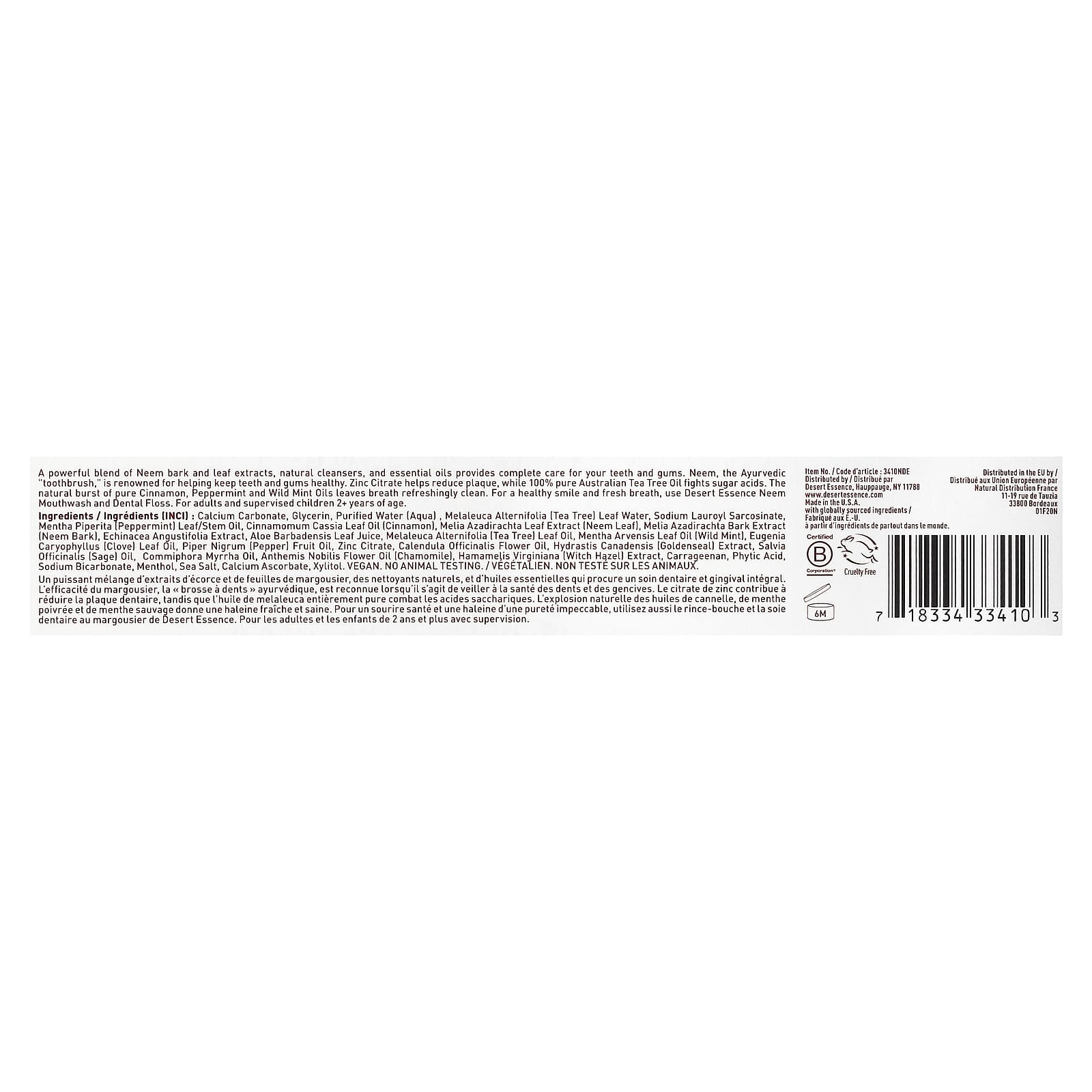 Desert Essence, Natural Neem Toothpaste Cinnamint, 6.25 Oz UPC 718334334103 | Hilife Vitamins