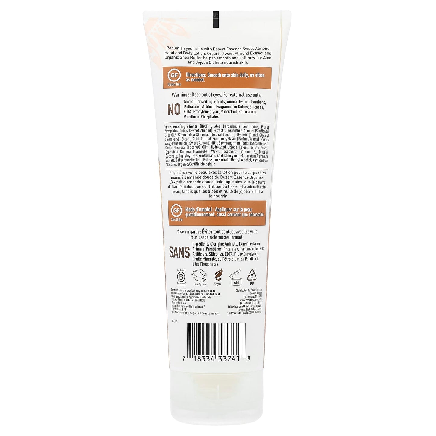 Desert Essence, Organics Hand & Body Lotion Almond, 8 Oz UPC 718334337418 | Hilife Vitamins