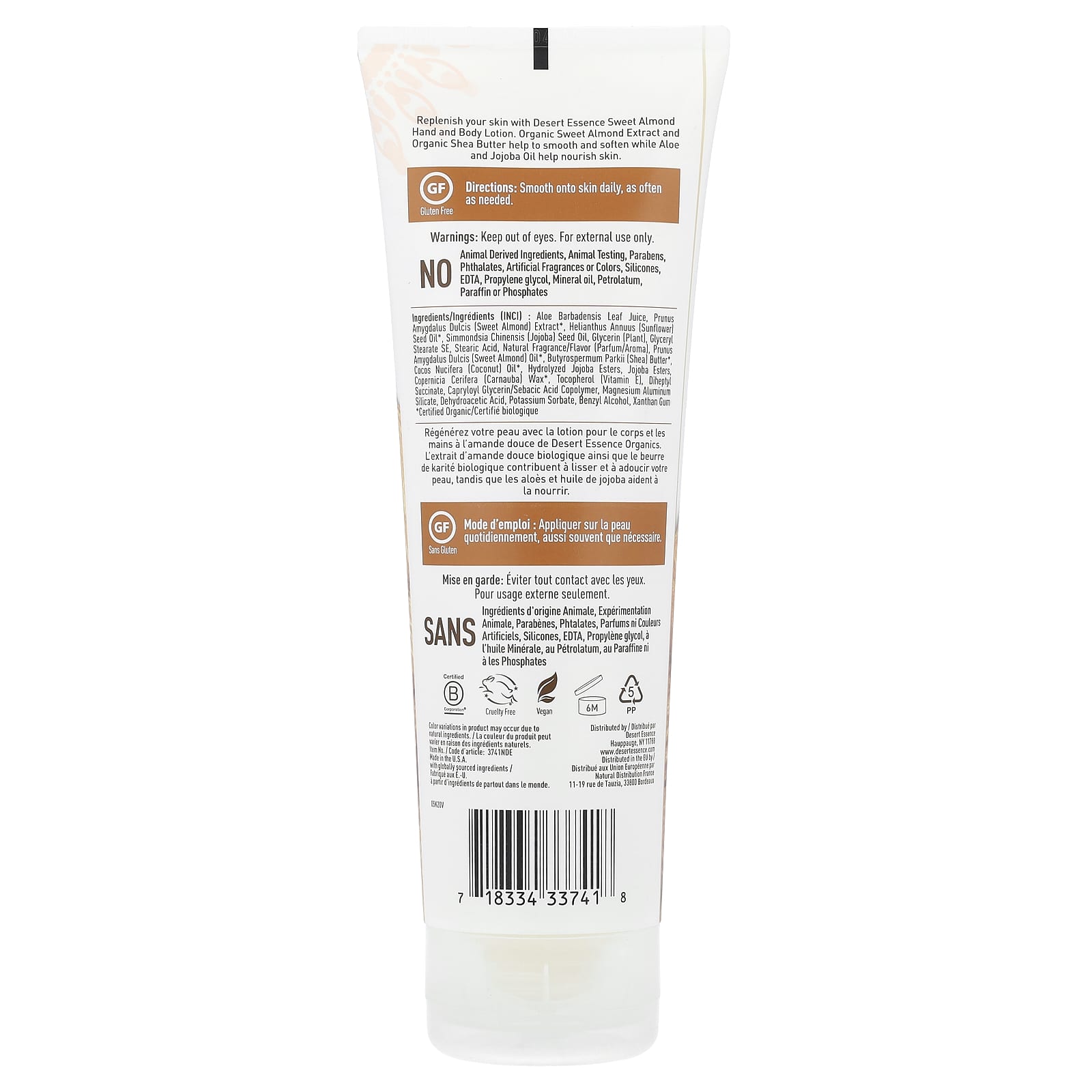 Desert Essence, Organics Hand & Body Lotion Almond, 8 Oz UPC 718334337418 | Hilife Vitamins