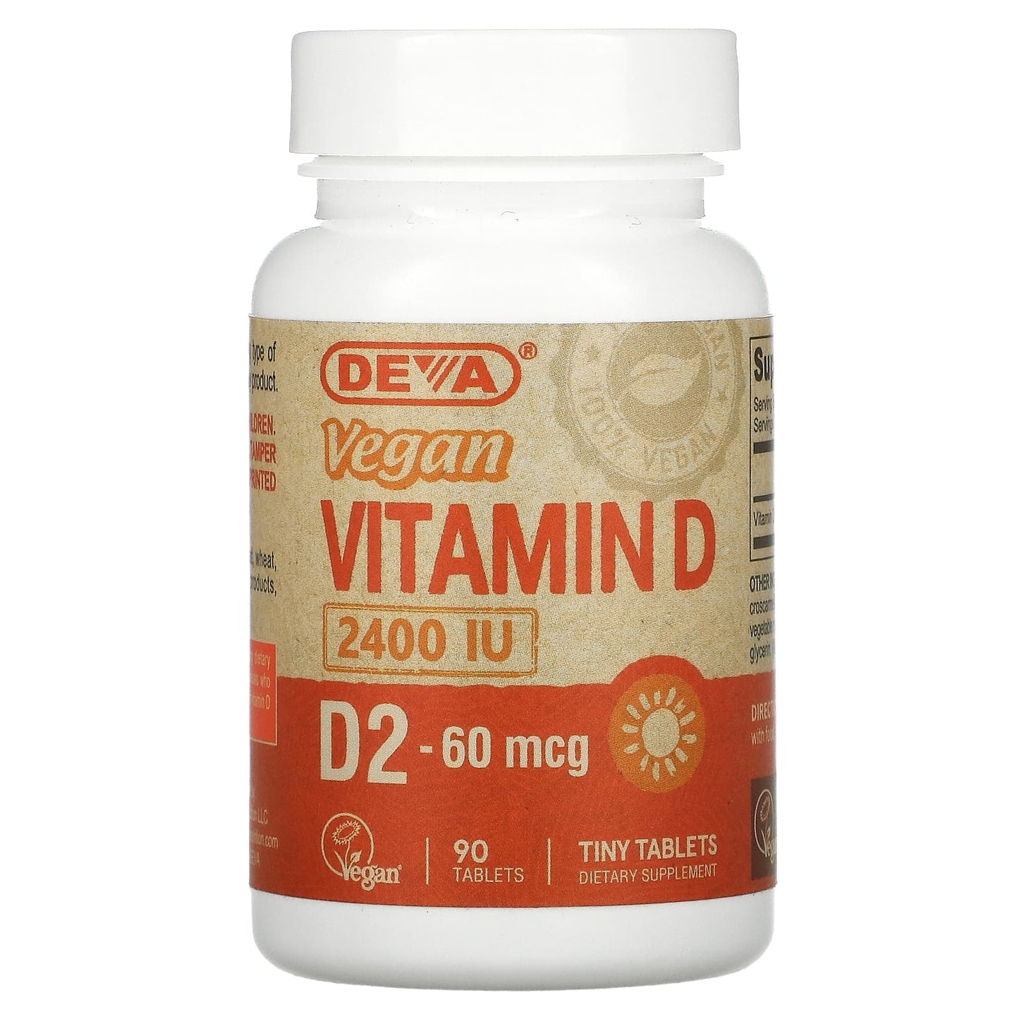 Deva Vegan, Vegan Vitamin D, D2, 60 mcg (2,400 IU), 90 Tablets UPC 895634000331 | Hilife Vitamins