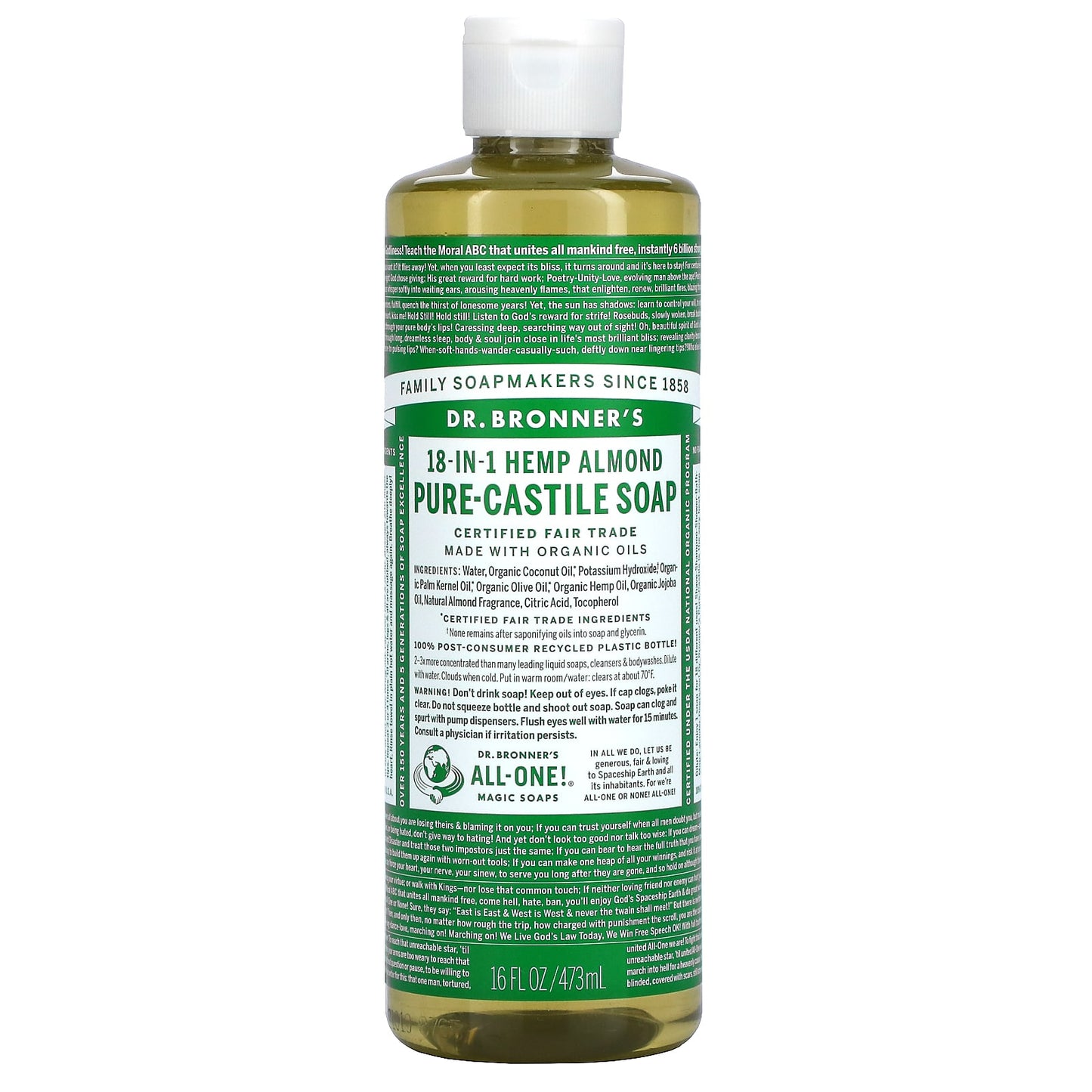 Dr. Bronner’s, Organic Castile Liquid Soap Almond, 16 Oz UPC 018787761168 | Hilife Vitamins