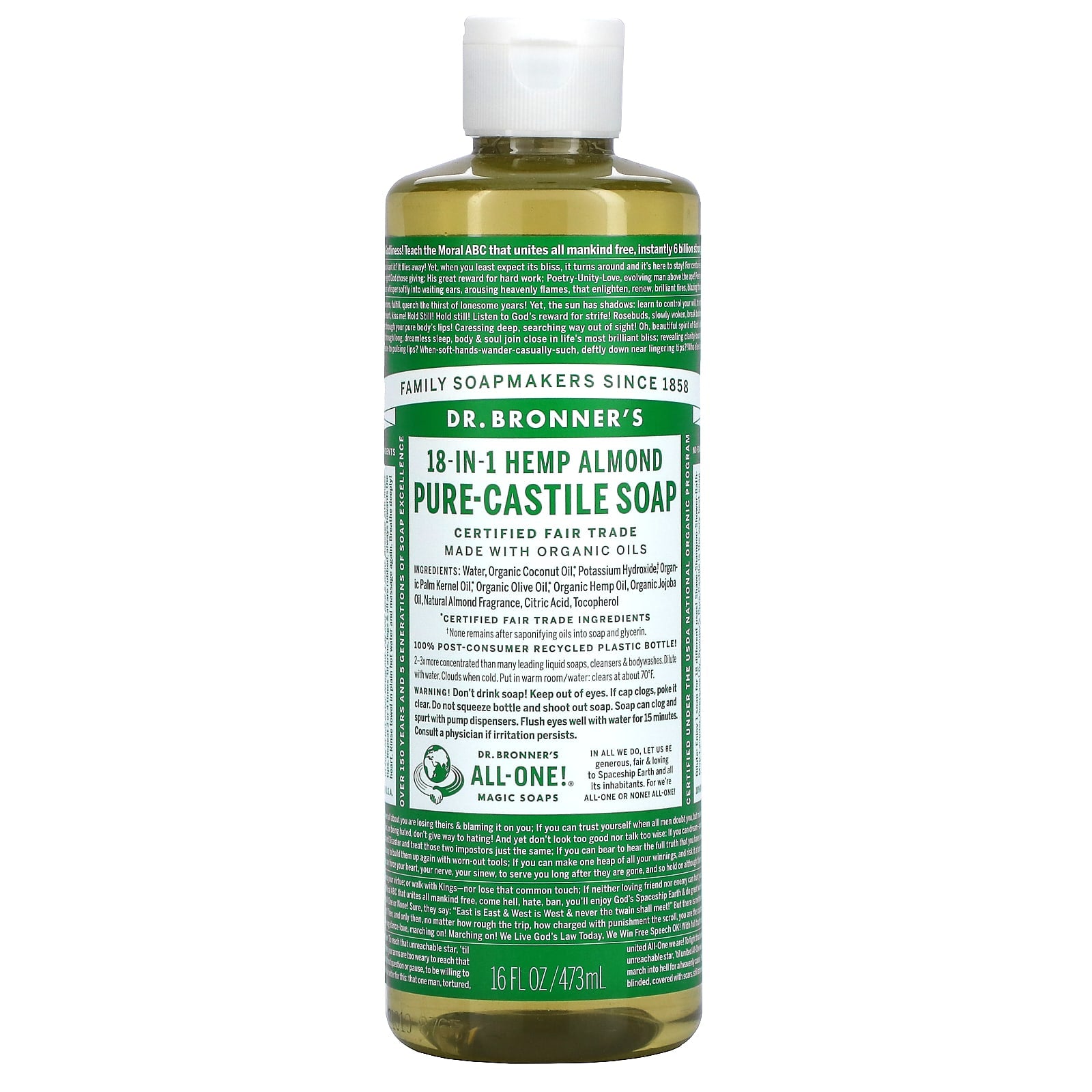 Dr. Bronner’s, Organic Castile Liquid Soap Almond, 16 Oz UPC 018787761168 | Hilife Vitamins