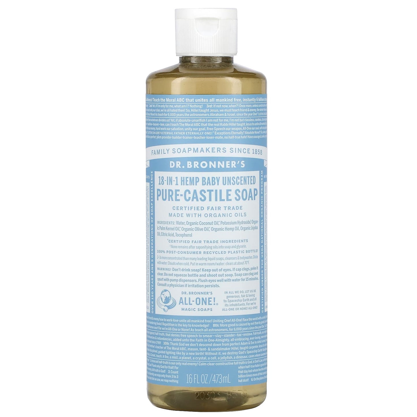 Dr. Bronner’s, Organic Castile Liquid Soap Baby Mild, 16 Oz Liquid UPC 018787762165 | Hilife Vitamins