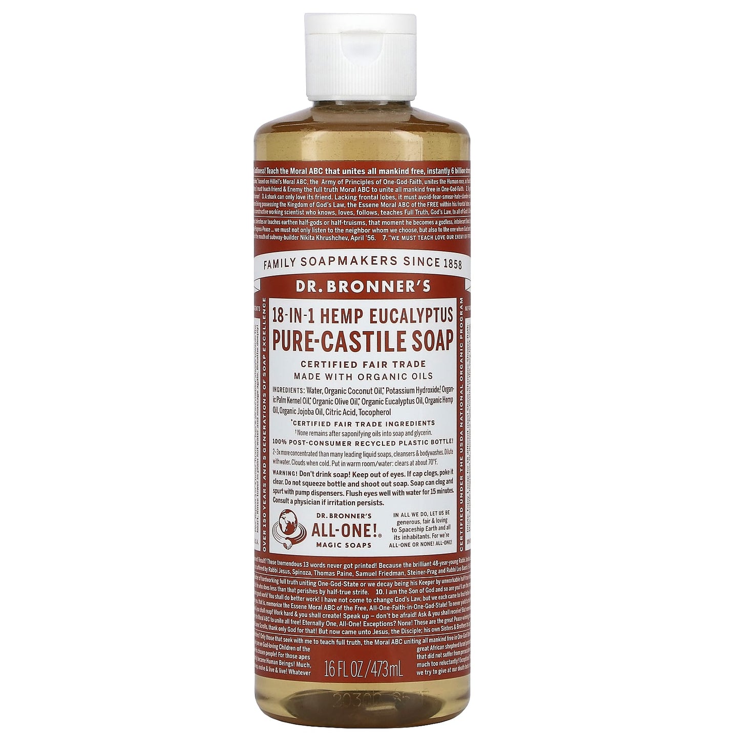 Dr. Bronner’s, Organic Castile Liquid Soap Eucalyptus, 16 Oz UPC 018787763162 | Hilife Vitamins