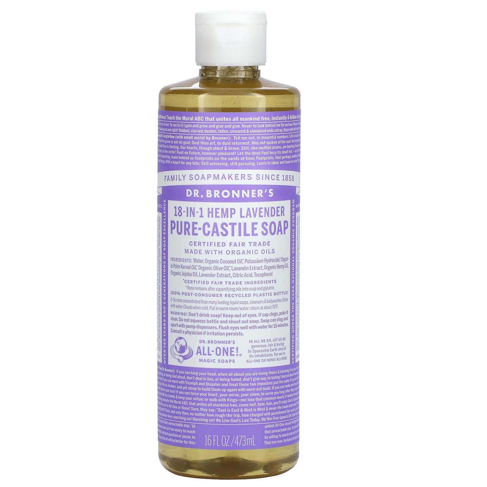 Dr. Bronner’s, Organic Castile Liquid Soap Lavender, 16 Oz Liquid UPC 018787764169 | Hilife Vitamins