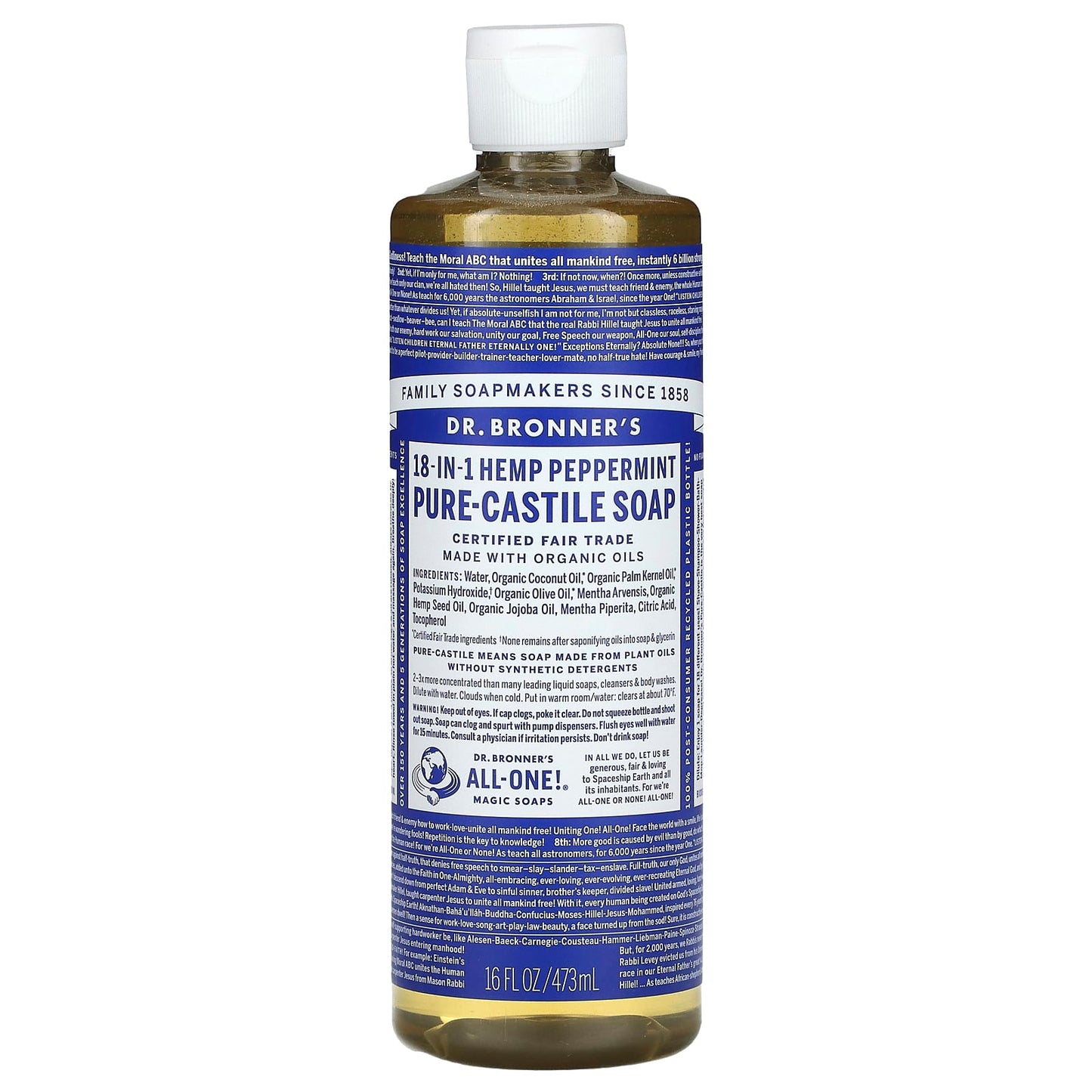 Dr. Bronner’s, Organic Castile Liquid Soap Peppermint, 16 Oz UPC 018787765166 | Hilife Vitamins