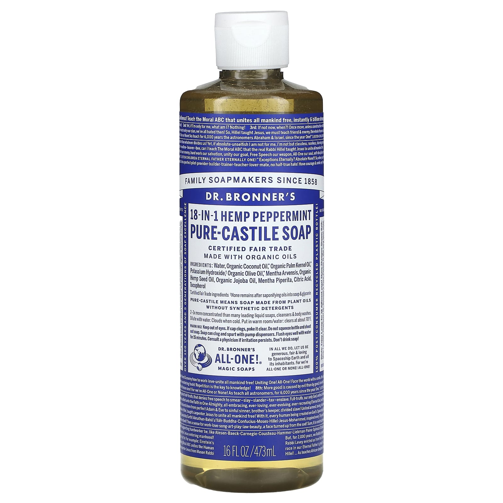 Dr. Bronner’s, Organic Castile Liquid Soap Peppermint, 16 Oz UPC 018787765166 | Hilife Vitamins