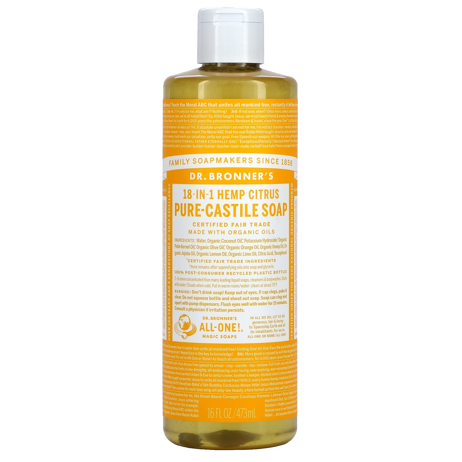 Dr. Bronner’s, Organic Castile Liquid Soap Citrus Orange, 16 Oz Liquid UPC 018787777169 | Hilife Vitamins