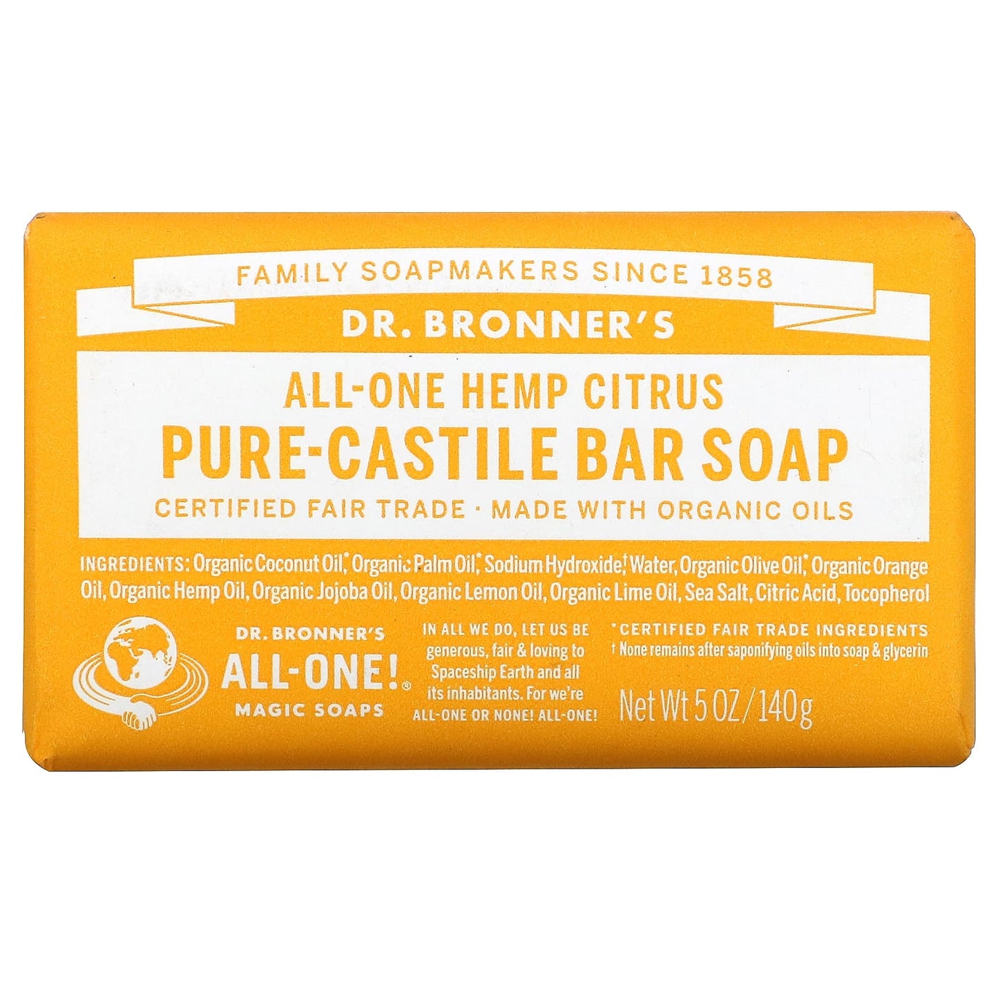 Dr. Bronner’s, Organic Pure Citrus Bar Soap Orange, 5 Oz UPC 018787787052 | Hilife Vitamins