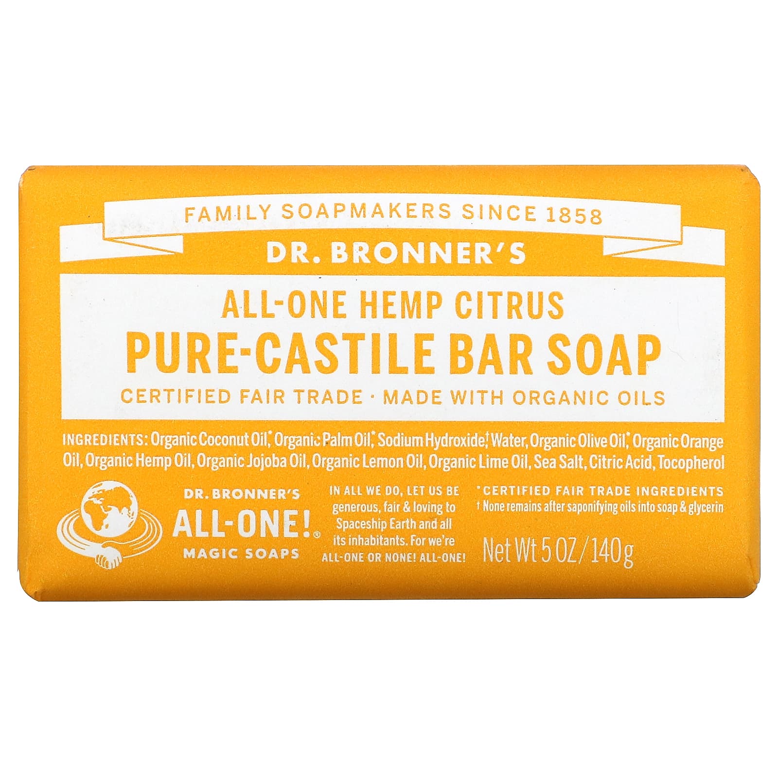 Dr. Bronner’s, Organic Pure Citrus Bar Soap Orange, 5 Oz UPC 018787787052 | Hilife Vitamins