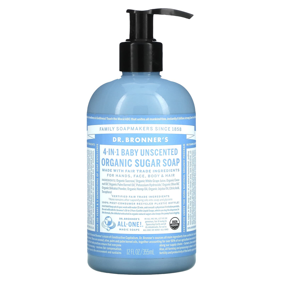 Dr. Bronner’s, 4 IN 1 Organic Sugar Soap Baby Unscented, 12 Oz UPC 018787950043 | Hilife Vitamins