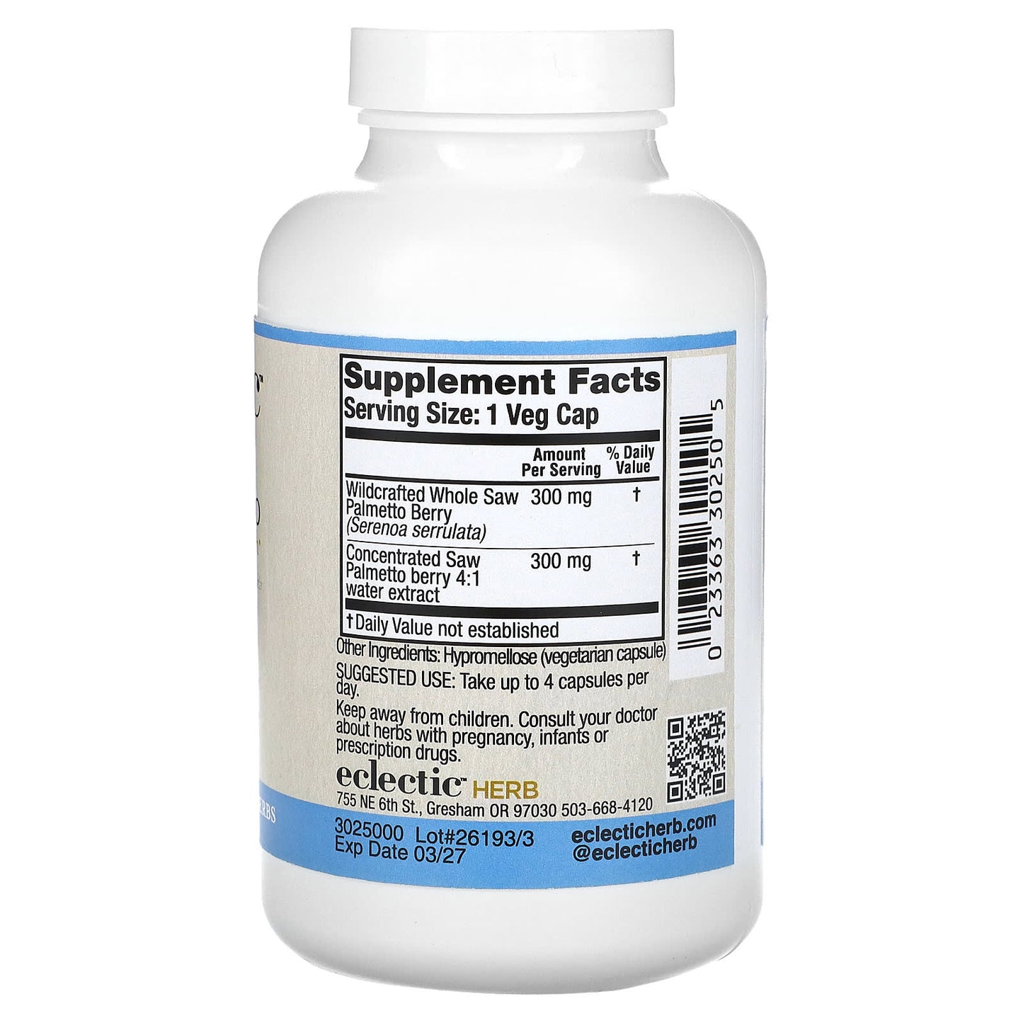 Eclectic Herb, Saw Palmetto 600mg WHP V-240, 240 CAPS UPC 023363302505 | HiLife Vitamins