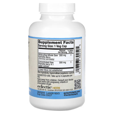 Eclectic Herb, Saw Palmetto 600mg WHP V-240, 240 CAPS UPC 023363302505 | HiLife Vitamins