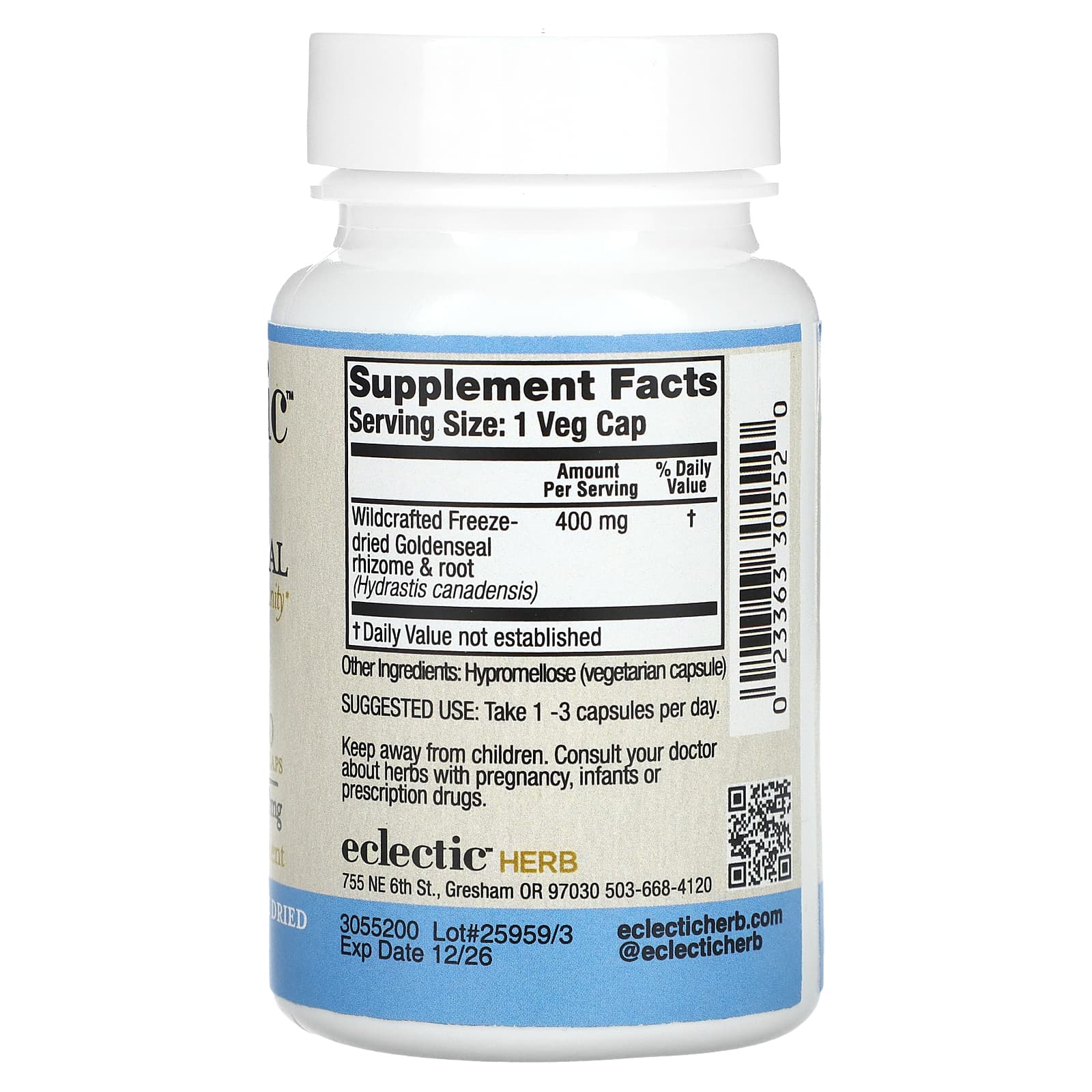 Eclectic Herb, Freeze Dried, Goldenseal, 400 mg, 50 Veg Caps UPC 023363305520 | HiLife Vitamins