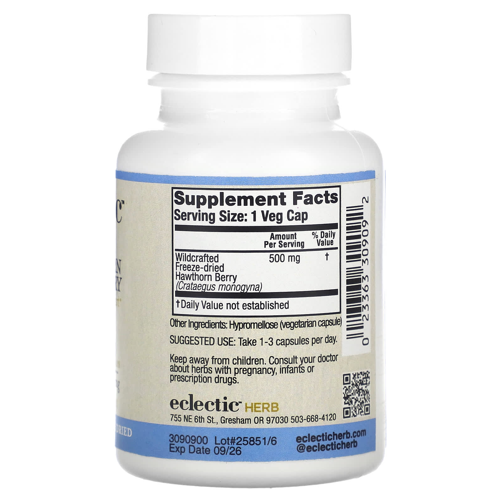 Eclectic Herb, Hawthorn Berry, 500 mg, 90 Veg Caps UPC 023363309092 | HiLife Vitamins