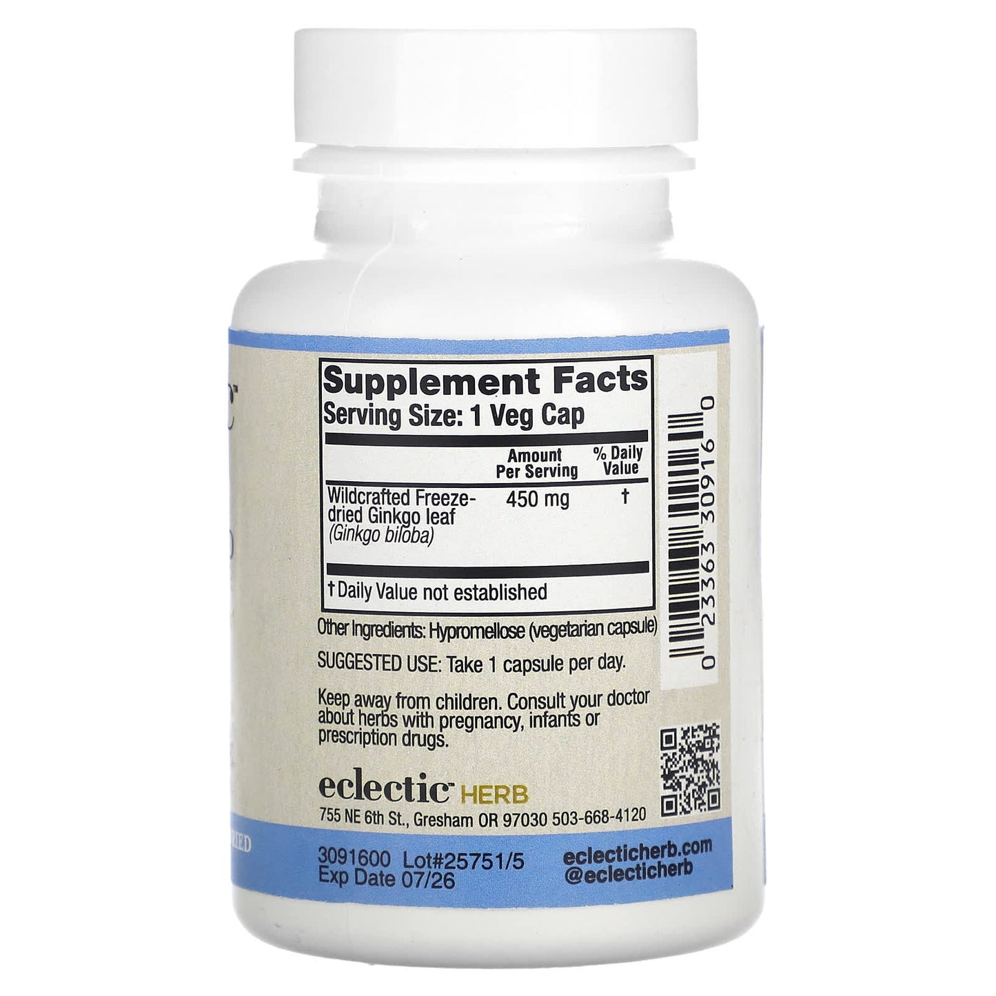 Eclectic Herb, Ginkgo, 450 mg, 90 Veg Caps UPC 023363309160 | HiLife Vitamins