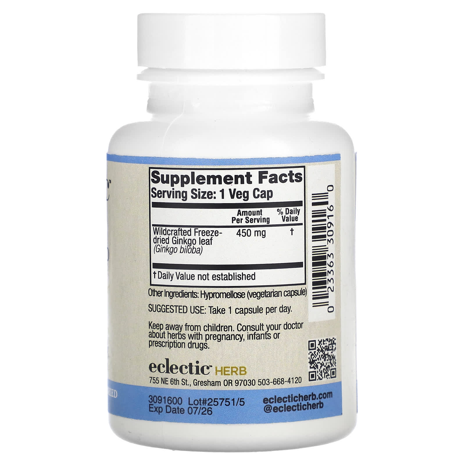 Eclectic Herb, Ginkgo, 450 mg, 90 Veg Caps UPC 023363309160 | HiLife Vitamins