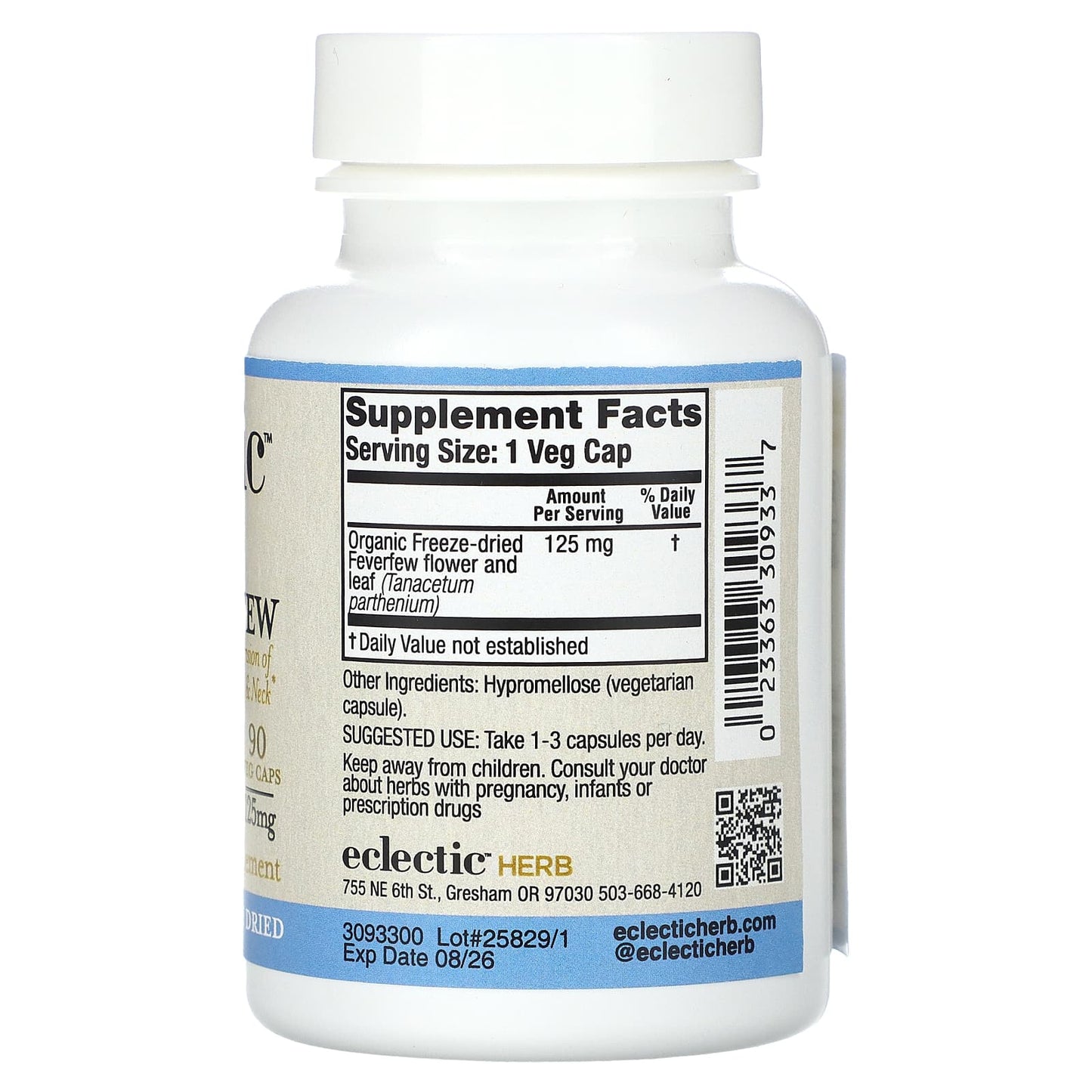 Eclectic Herb, Feverfew 125mg COG FDU V-90, 90 CAPS UPC 023363309337 | HiLife Vitamins