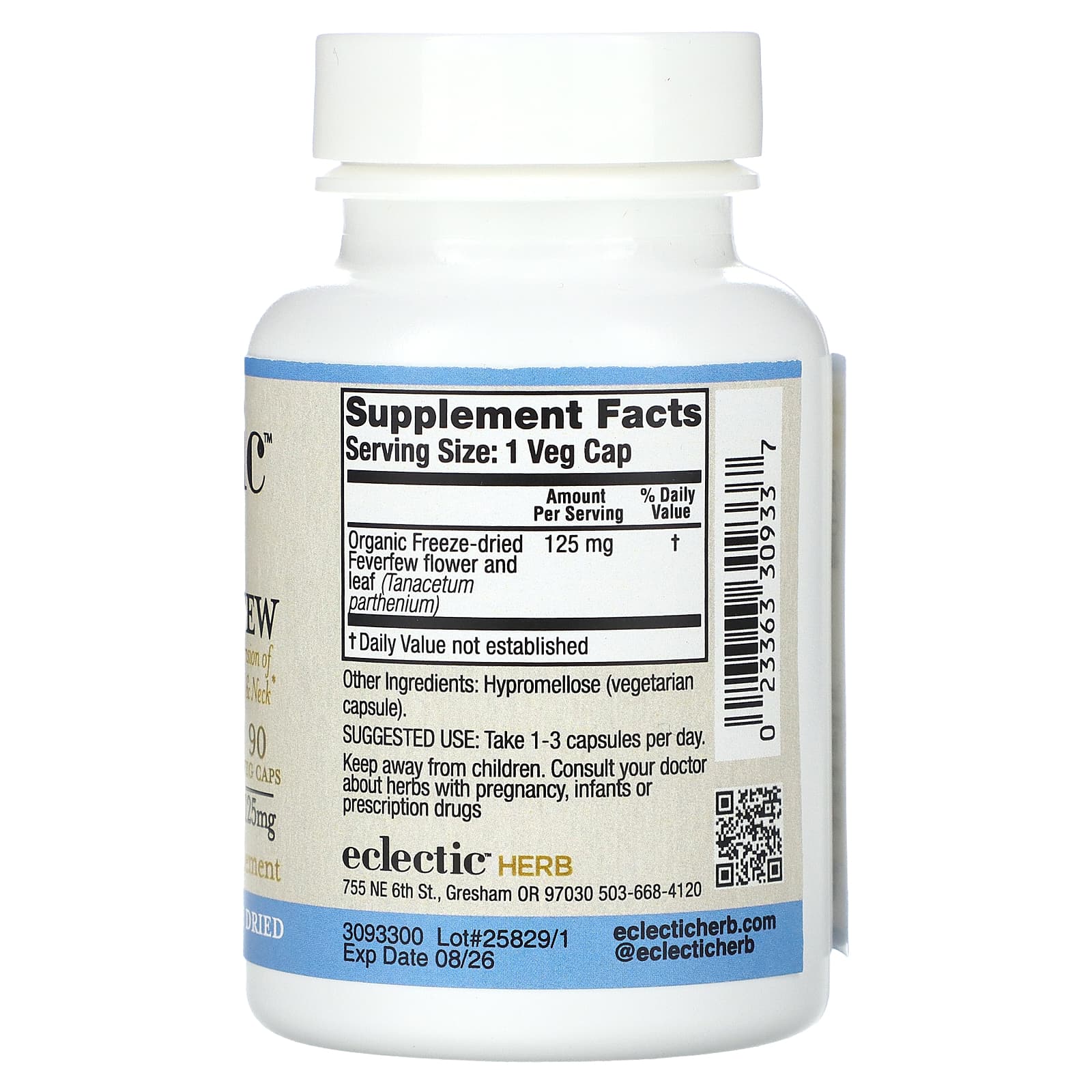 Eclectic Herb, Feverfew 125mg COG FDU V-90, 90 CAPS UPC 023363309337 | HiLife Vitamins
