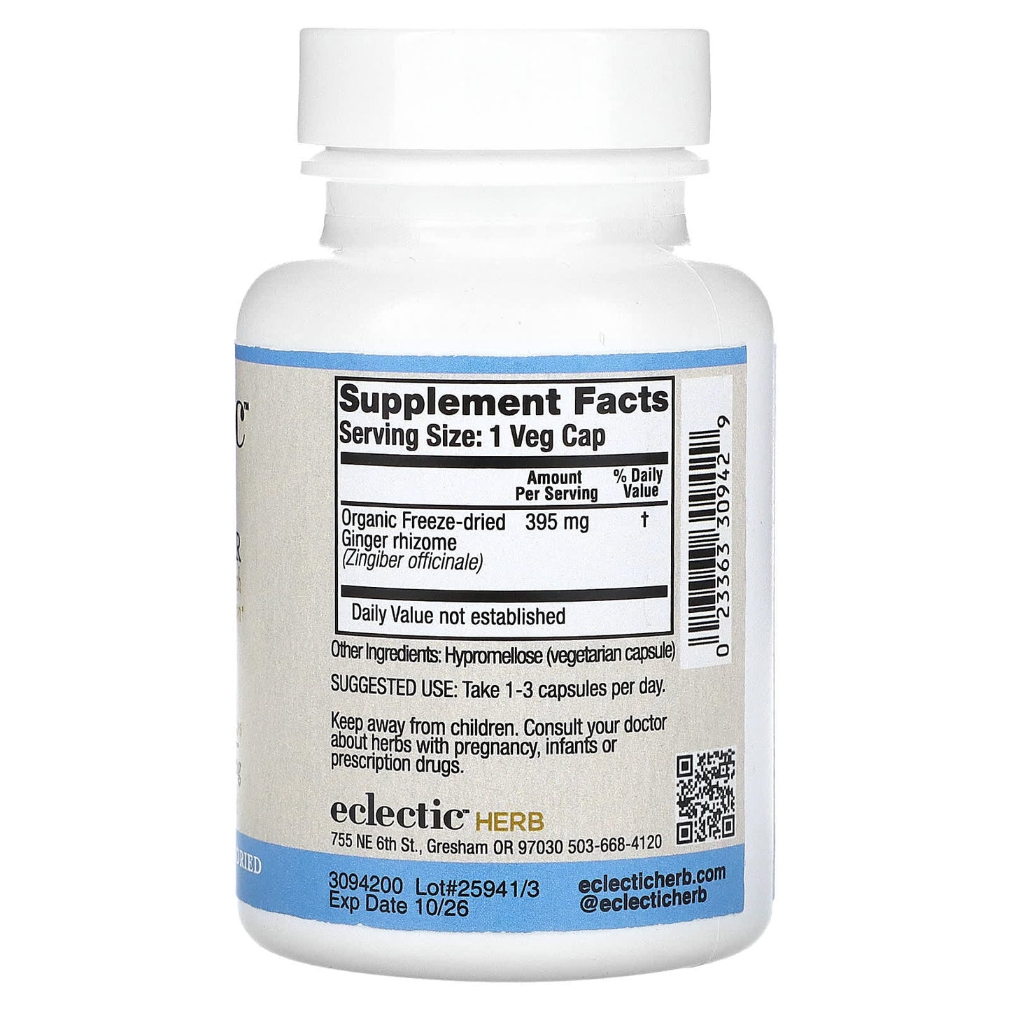 Eclectic Herb, Ginger 395mg COG FDU V-90, 90 CAPS UPC 023363309429 | HiLife Vitamins