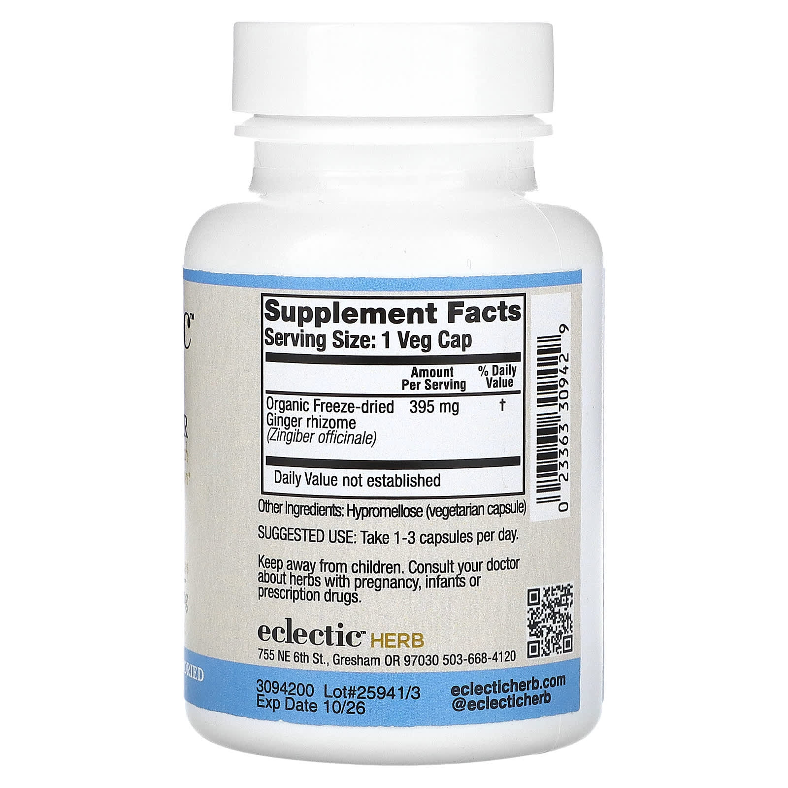 Eclectic Herb, Ginger 395mg COG FDU V-90, 90 CAPS UPC 023363309429 | HiLife Vitamins