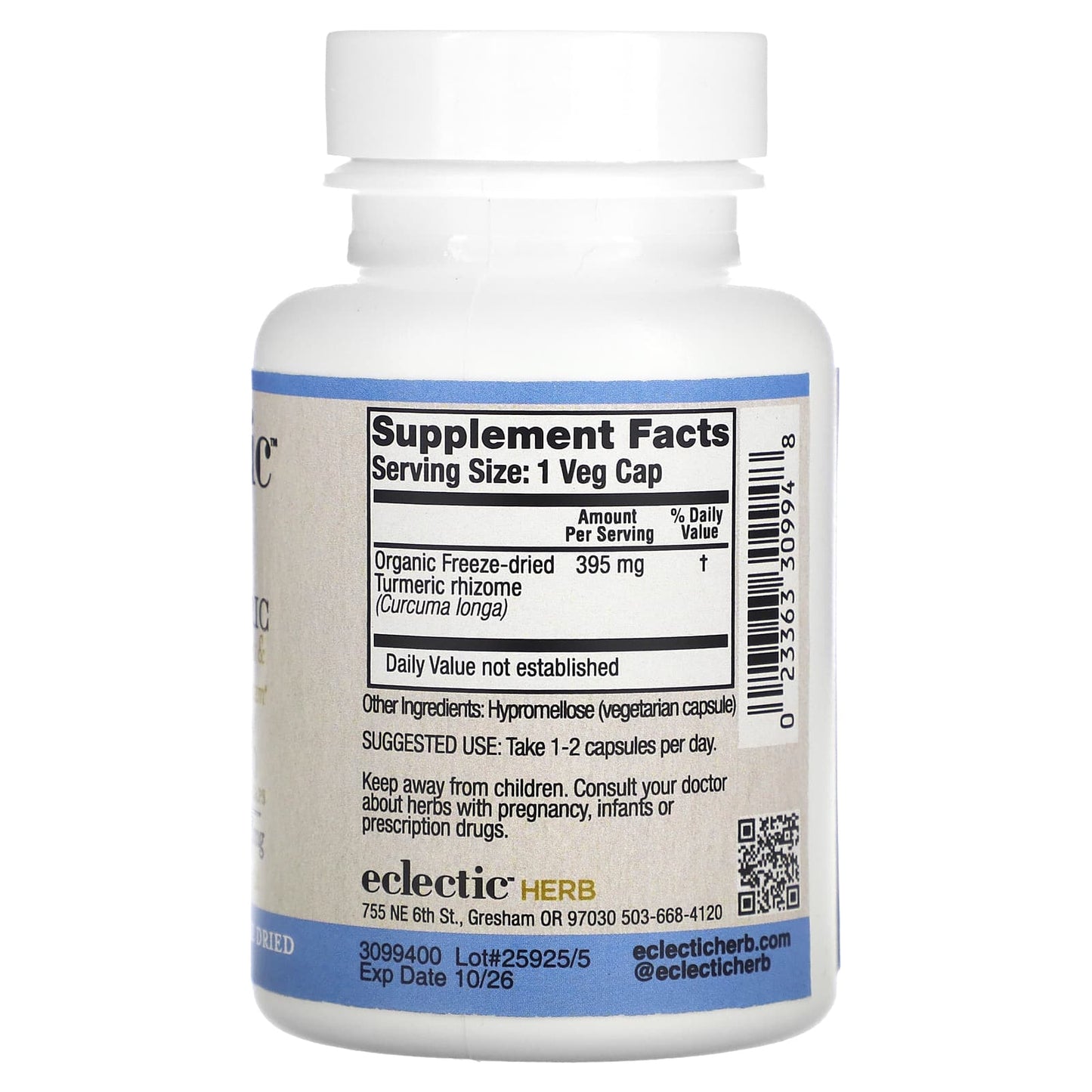 Eclectic Herb, Turmeric COG FD V-90, 90 CAPS UPC 023363309948 | HiLife Vitamins
