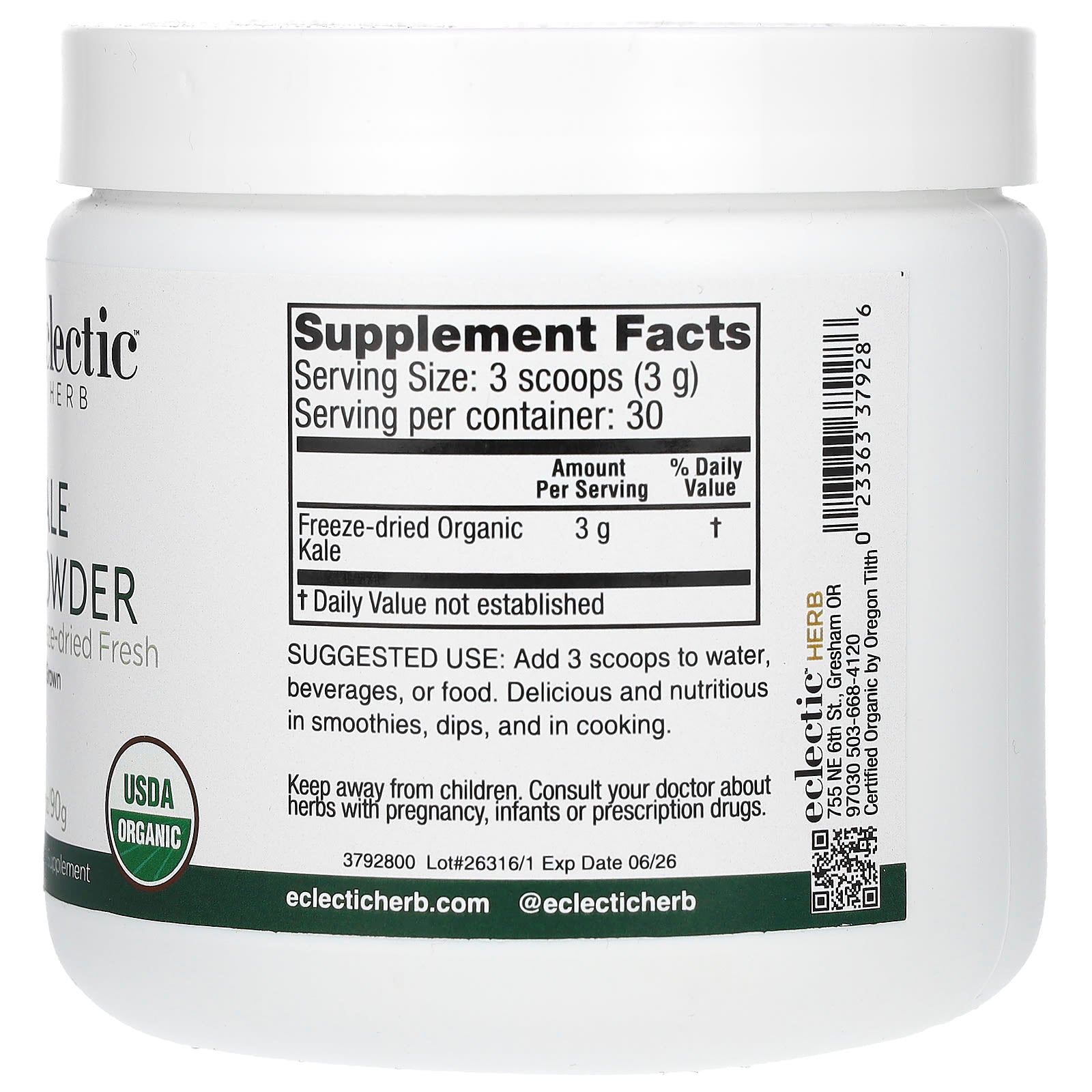Eclectic Herb, Kale Powder, 3.2 oz (90 g) UPC 023363379286 | HiLife Vitamins