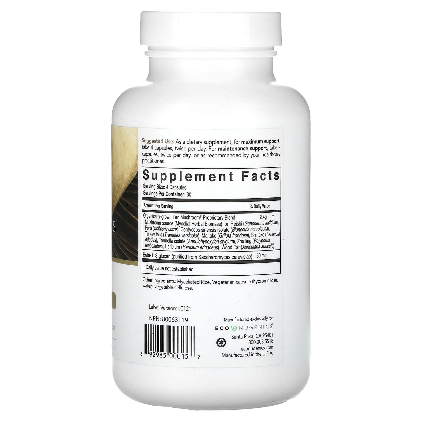 Econugenics, Ten Mushroom, 120 Vegetarian Capsules UPC 892985000157 | Hilife Vitamins